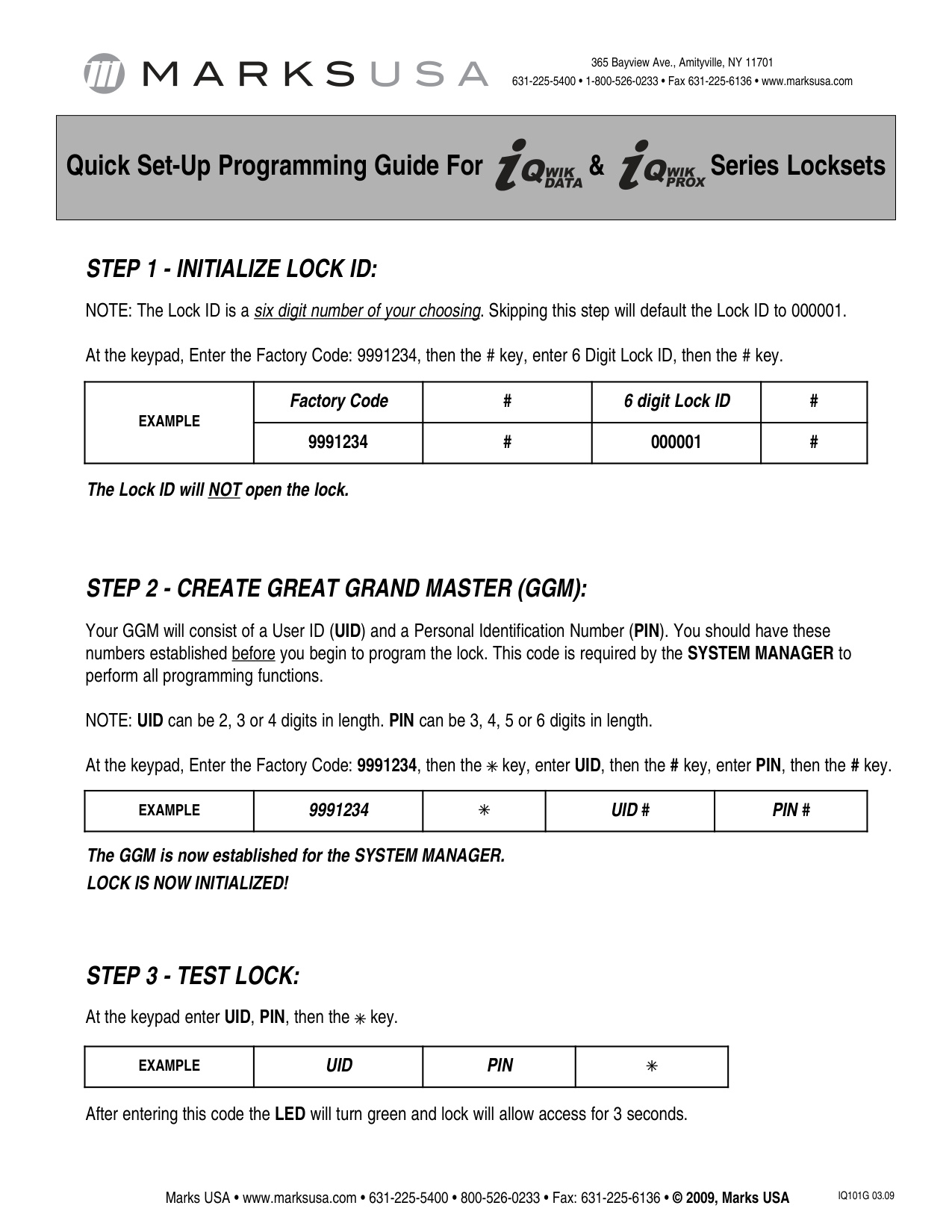 Marks USA iQ Quick Set Up Programming Guide diagram on page 1