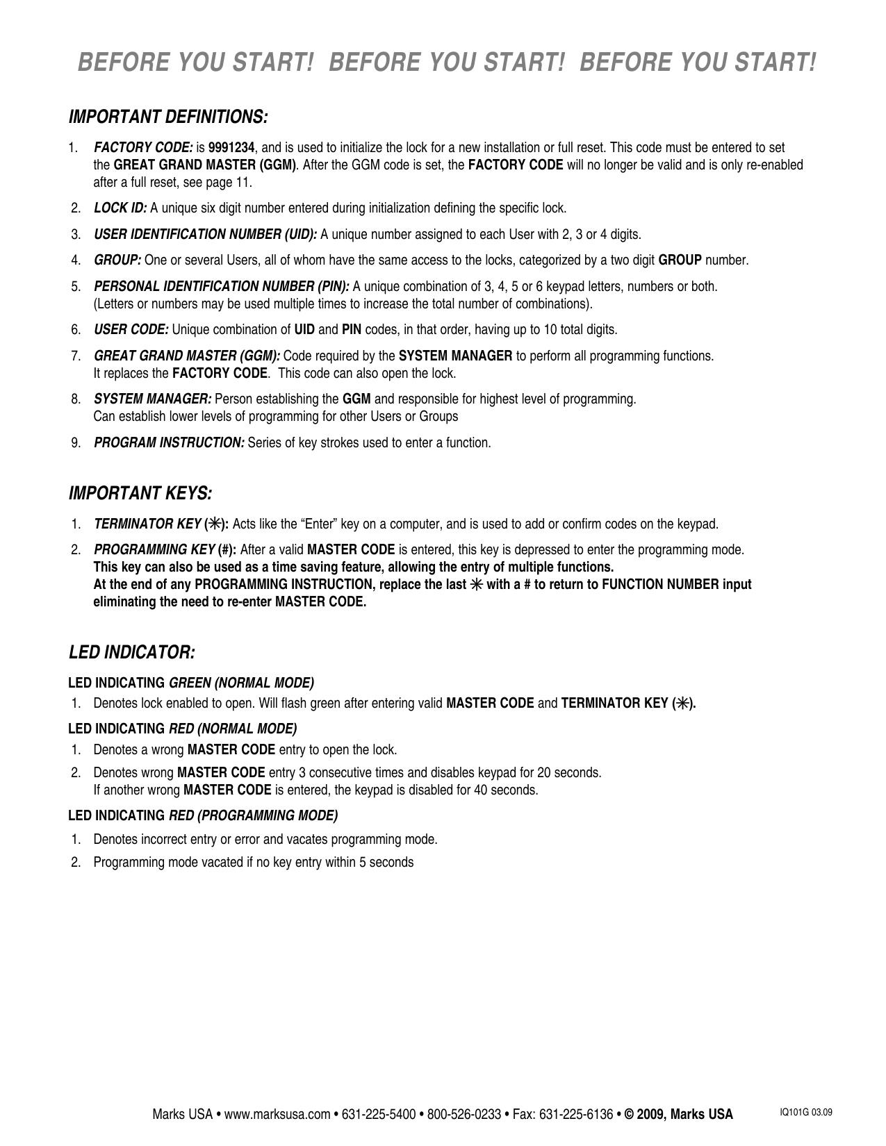 Marks USA iQ Quick Set Up Programming Guide diagram on page 2