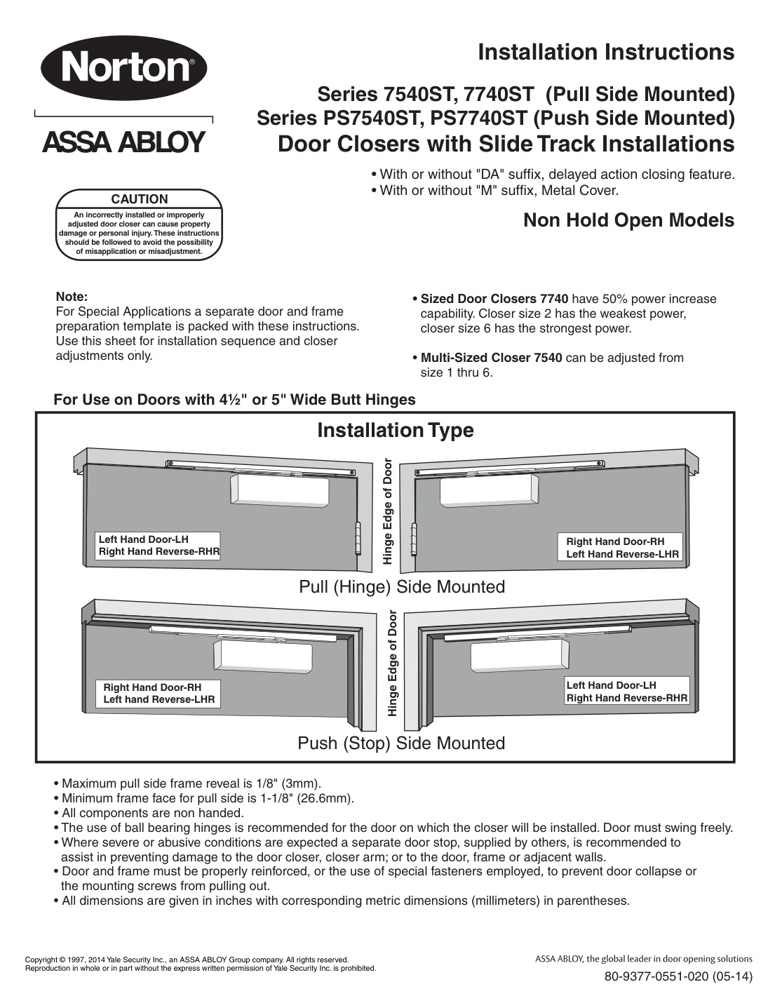 First page of Norton 7540ST 7740ST Pull Side PS7540ST PS7740ST Push Side Door Closers with Slide Track Installation Instructions