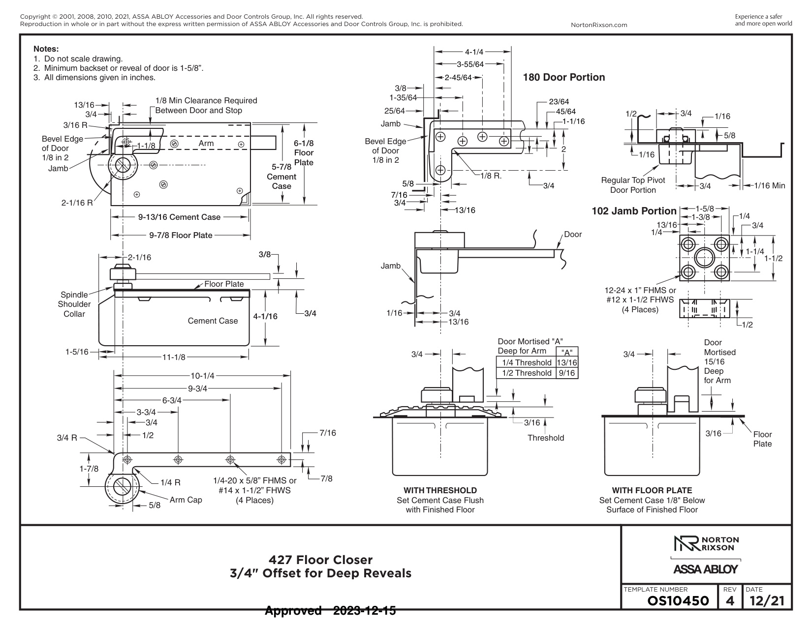 Norton Rixson 427 Series Floor Closer, 3, 4 Offset for Deep Reveal Template_OS10450 diagram on page 1