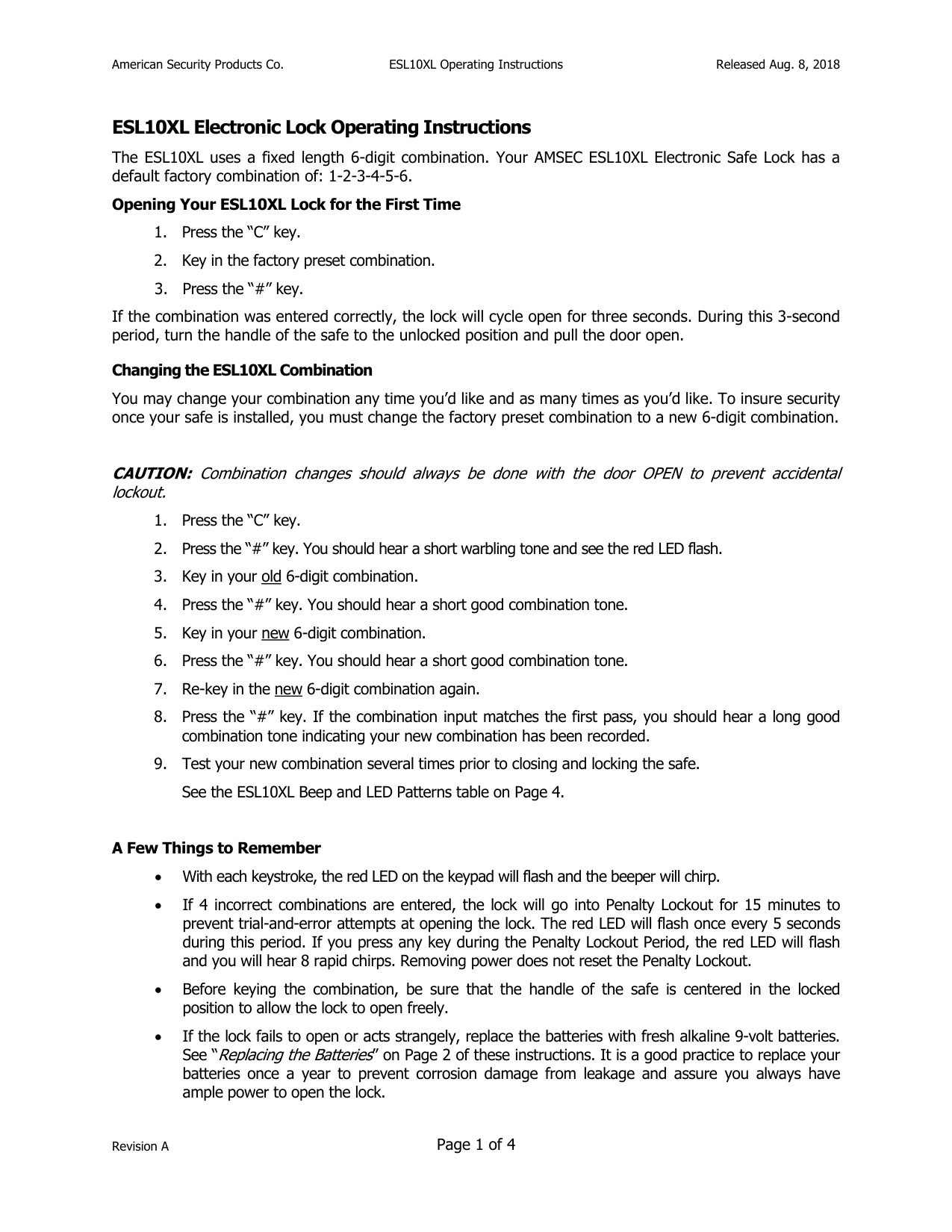 Operating Instructions – ESL10XL Electronic Lock diagram on page 1
