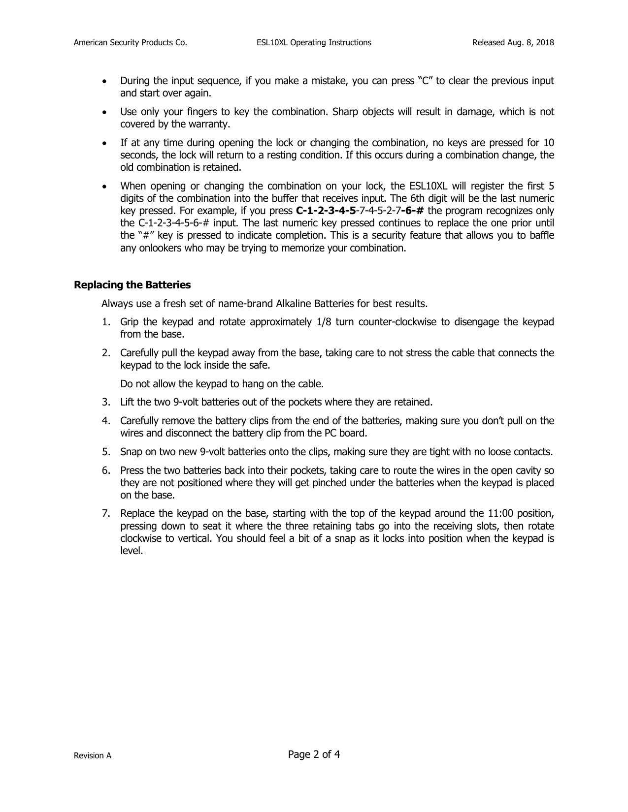 Operating Instructions – ESL10XL Electronic Lock diagram on page 2