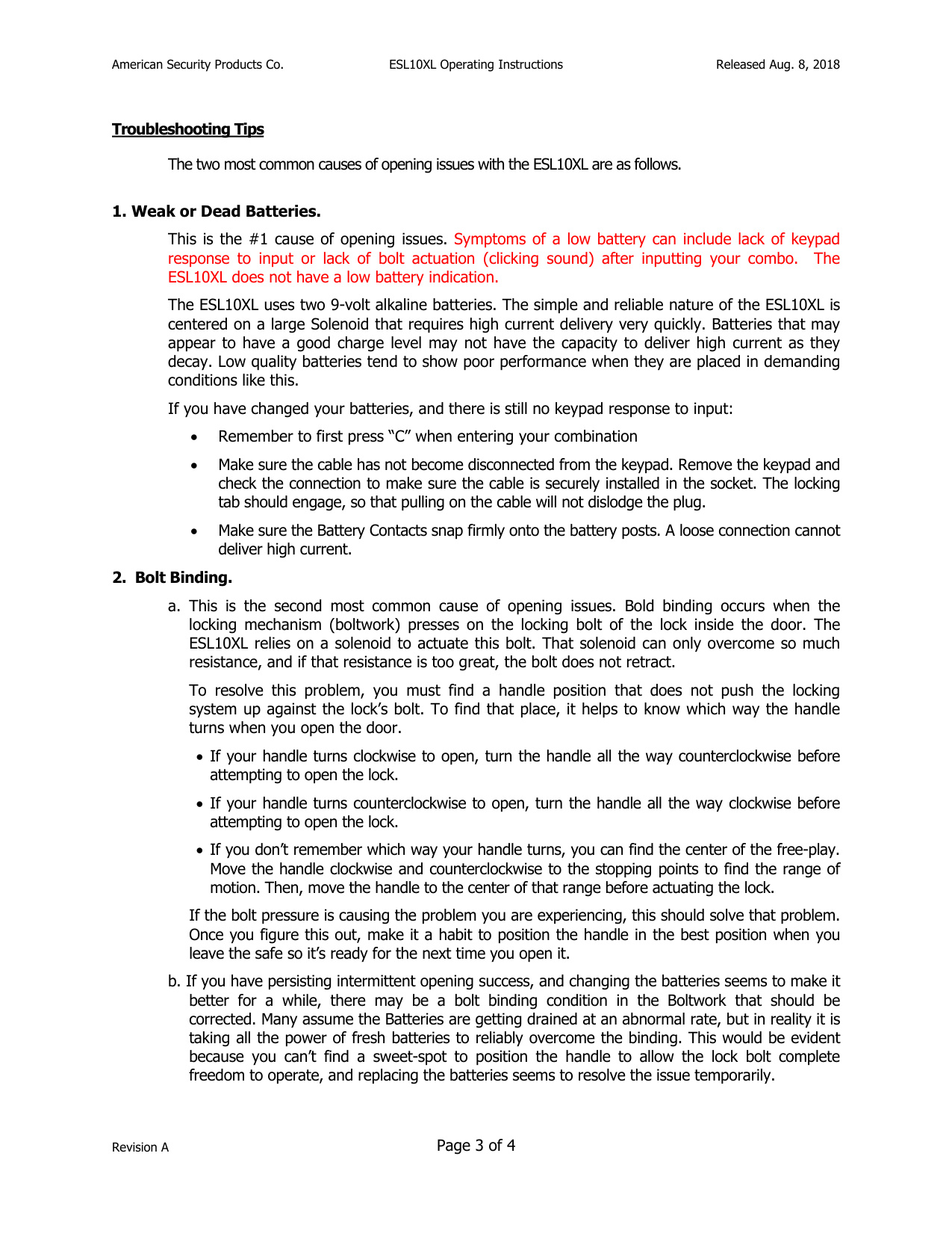Operating Instructions – ESL10XL Electronic Lock diagram on page 3