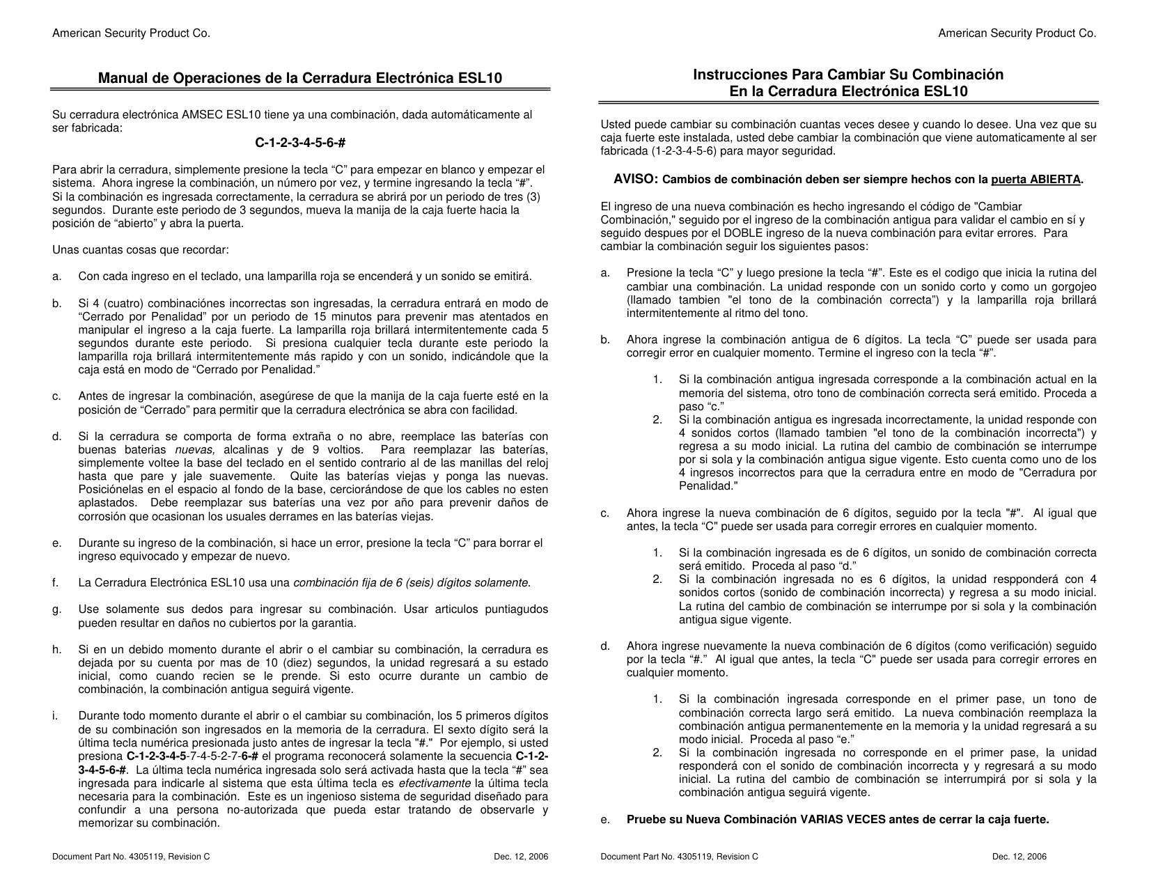 Operating Instructions – ESL10XL Electronic Lock (Spanish) diagram on page 1