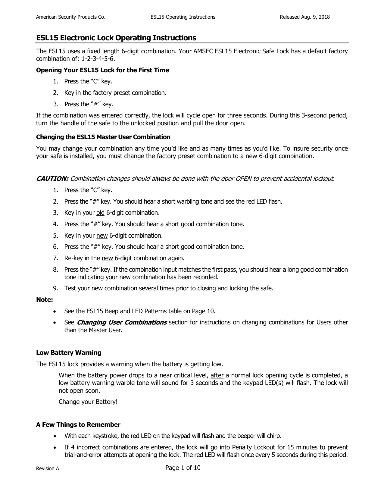 Operating Instructions – ESL15 Electronic Lock diagram on page 1