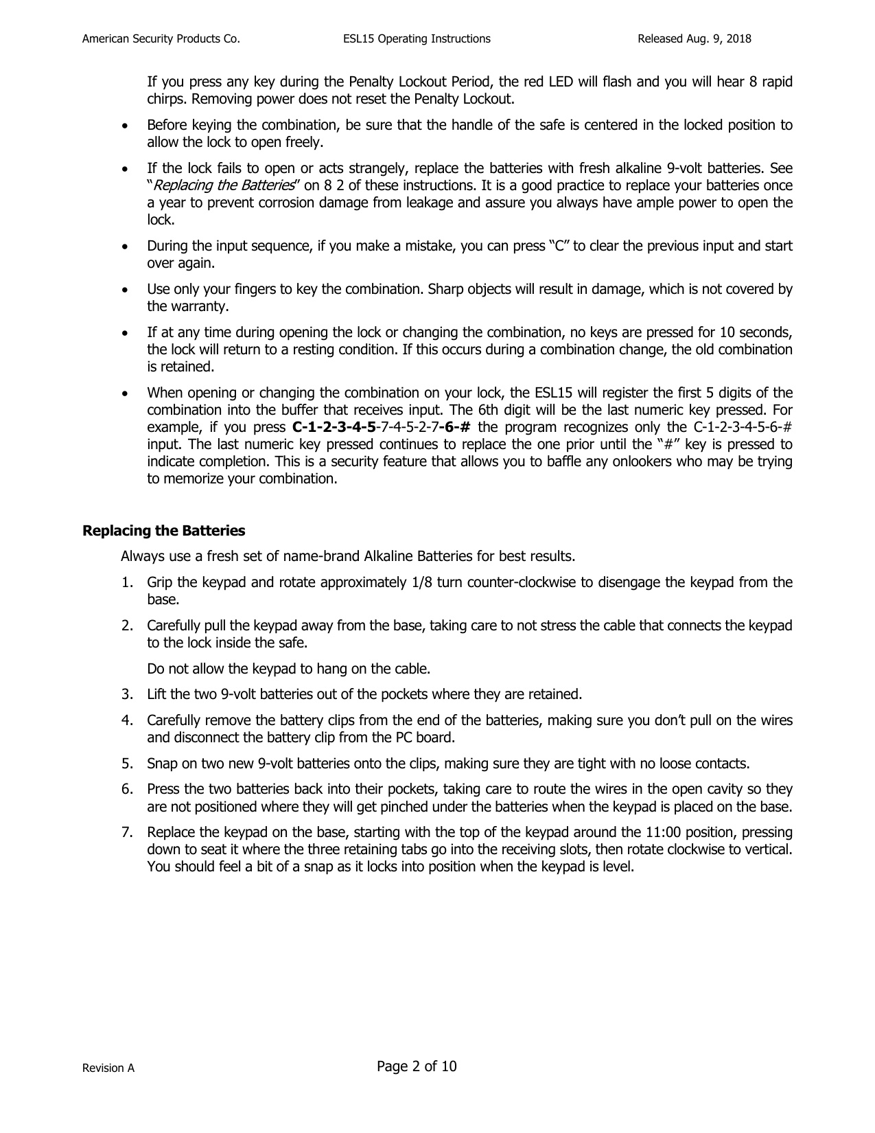 Operating Instructions – ESL15 Electronic Lock diagram on page 2