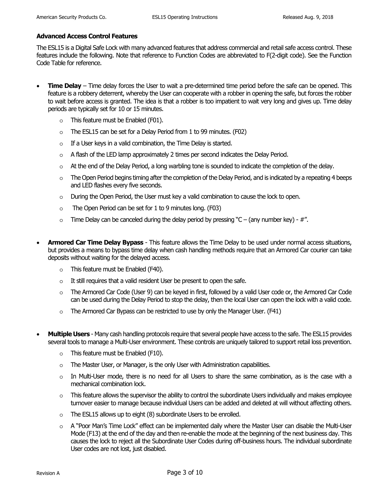 Operating Instructions – ESL15 Electronic Lock diagram on page 3