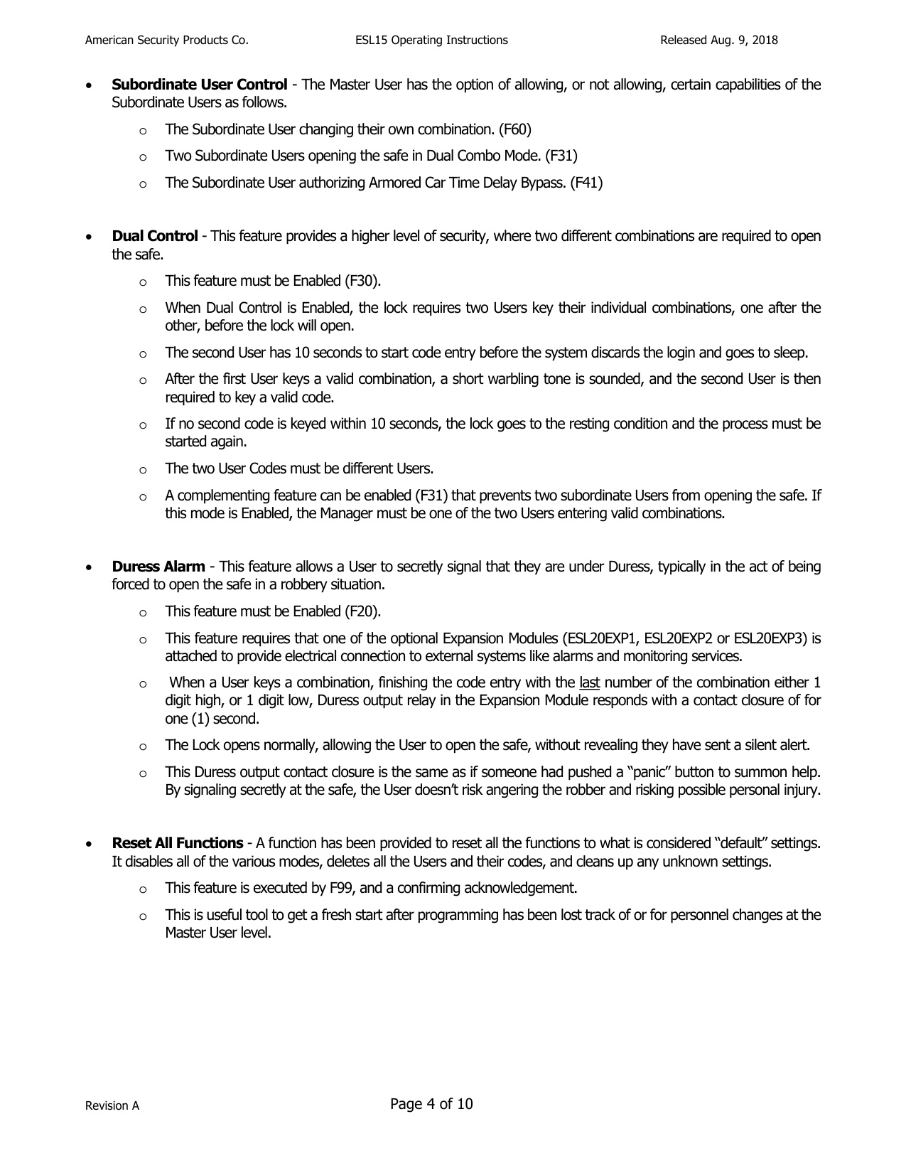 Operating Instructions – ESL15 Electronic Lock diagram on page 4