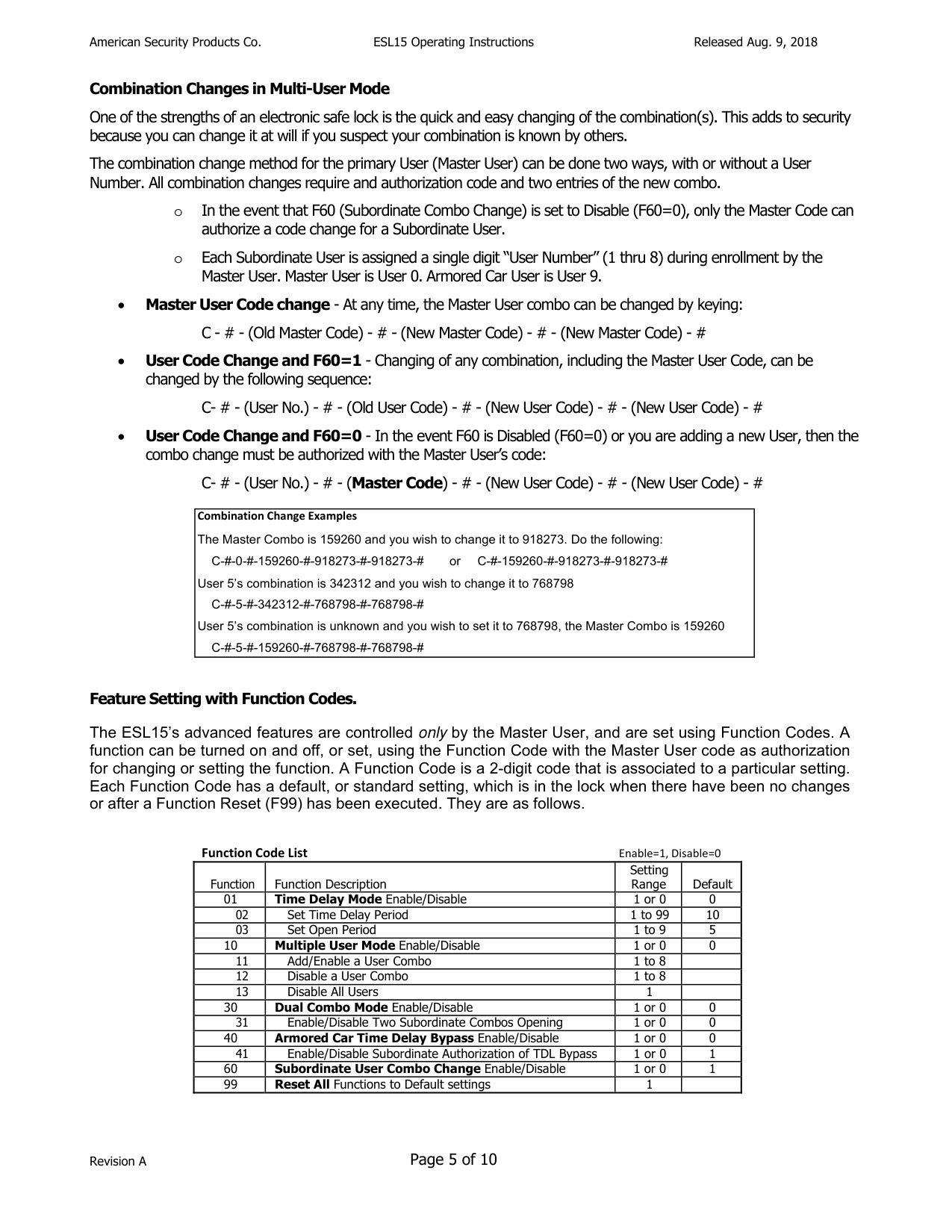 Operating Instructions – ESL15 Electronic Lock diagram on page 5
