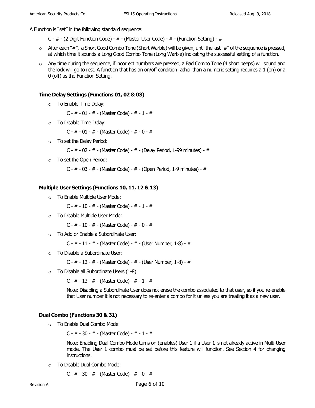 Operating Instructions – ESL15 Electronic Lock diagram on page 6