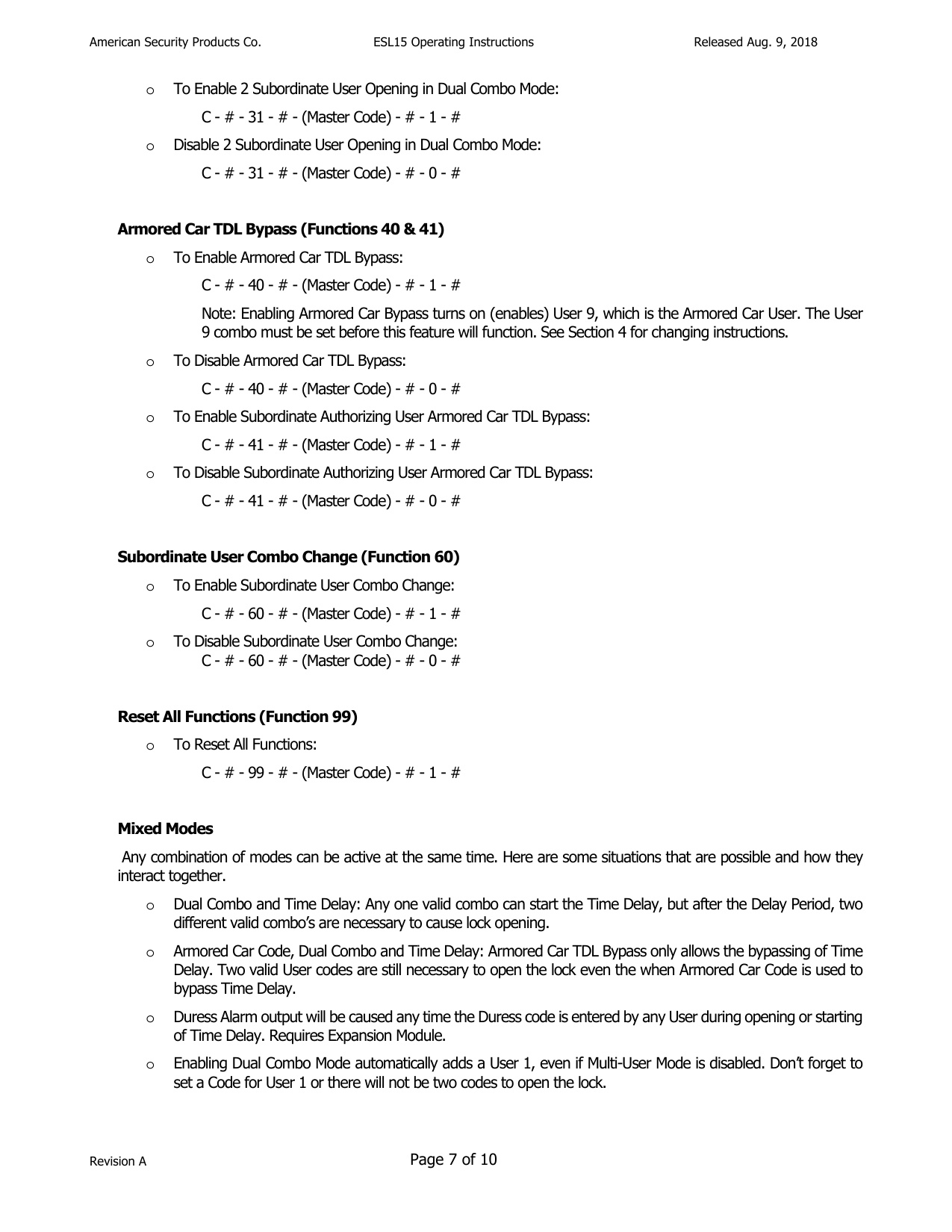 Operating Instructions – ESL15 Electronic Lock diagram on page 7