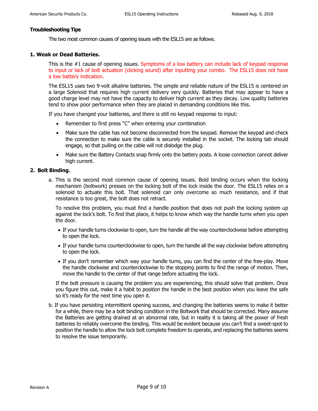 Operating Instructions – ESL15 Electronic Lock diagram on page 9
