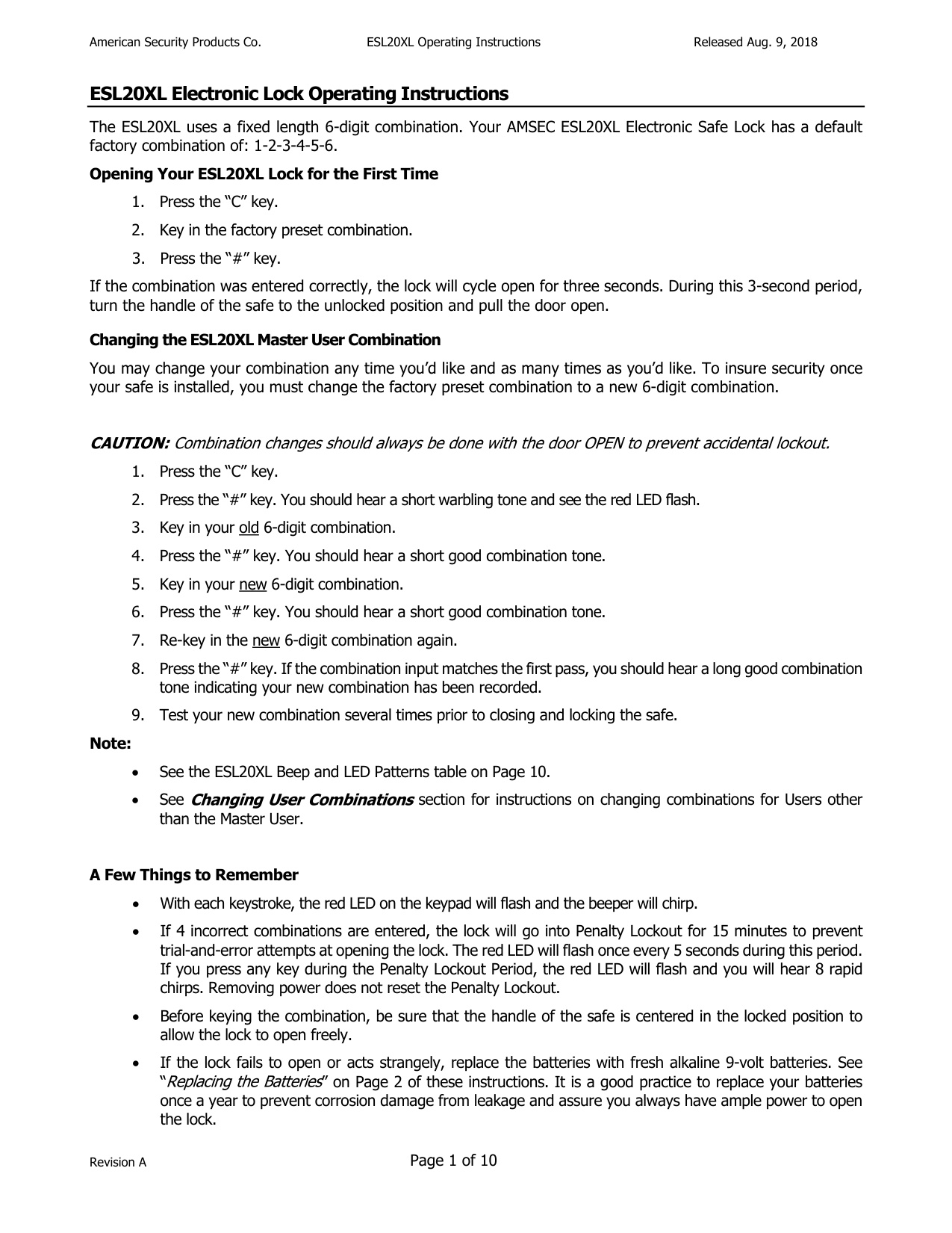 Operating Instructions – ESL20XL Electronic Lock diagram on page 1