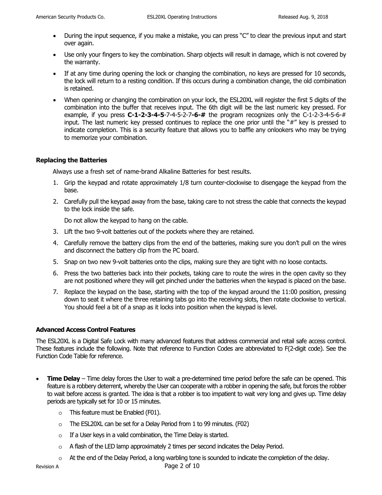 Operating Instructions – ESL20XL Electronic Lock diagram on page 2
