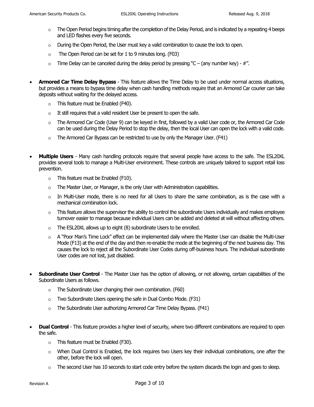 Operating Instructions – ESL20XL Electronic Lock diagram on page 3