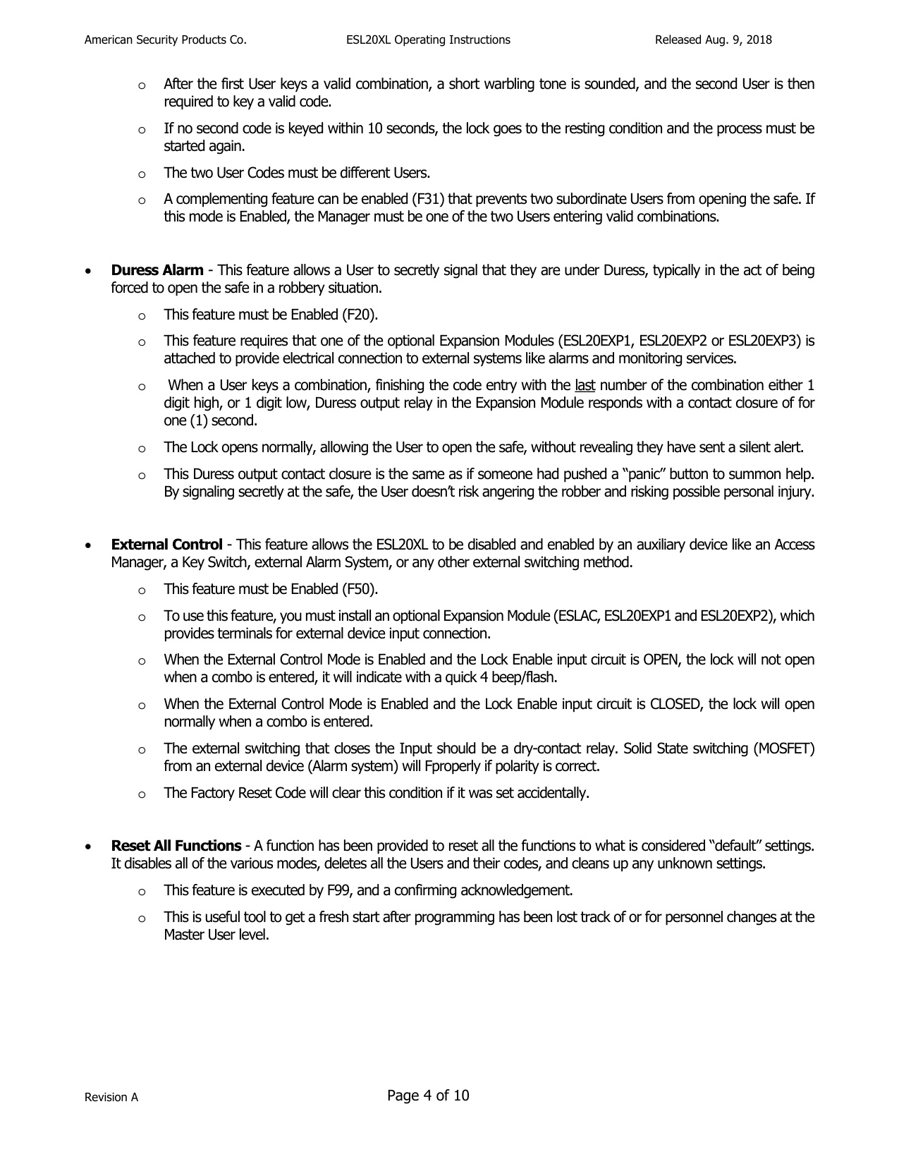 Operating Instructions – ESL20XL Electronic Lock diagram on page 4
