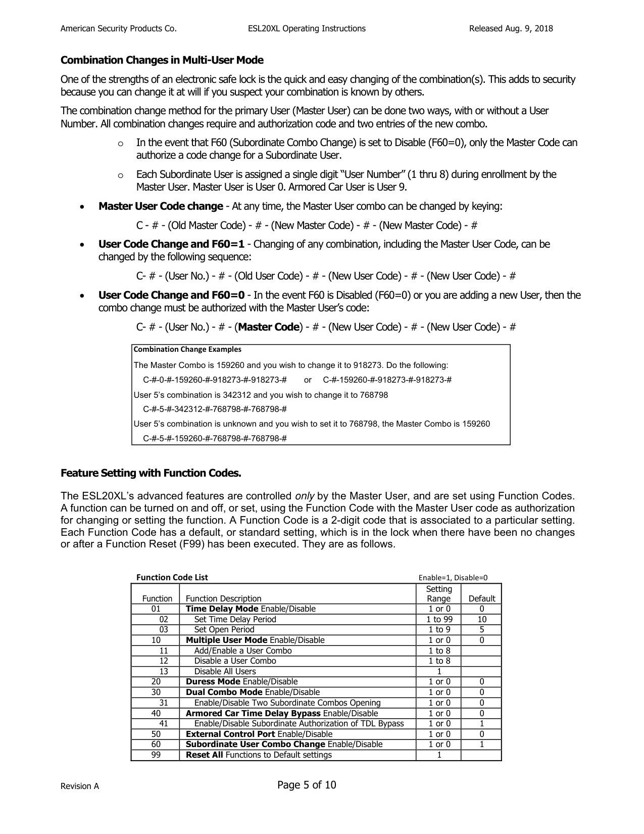 Operating Instructions – ESL20XL Electronic Lock diagram on page 5