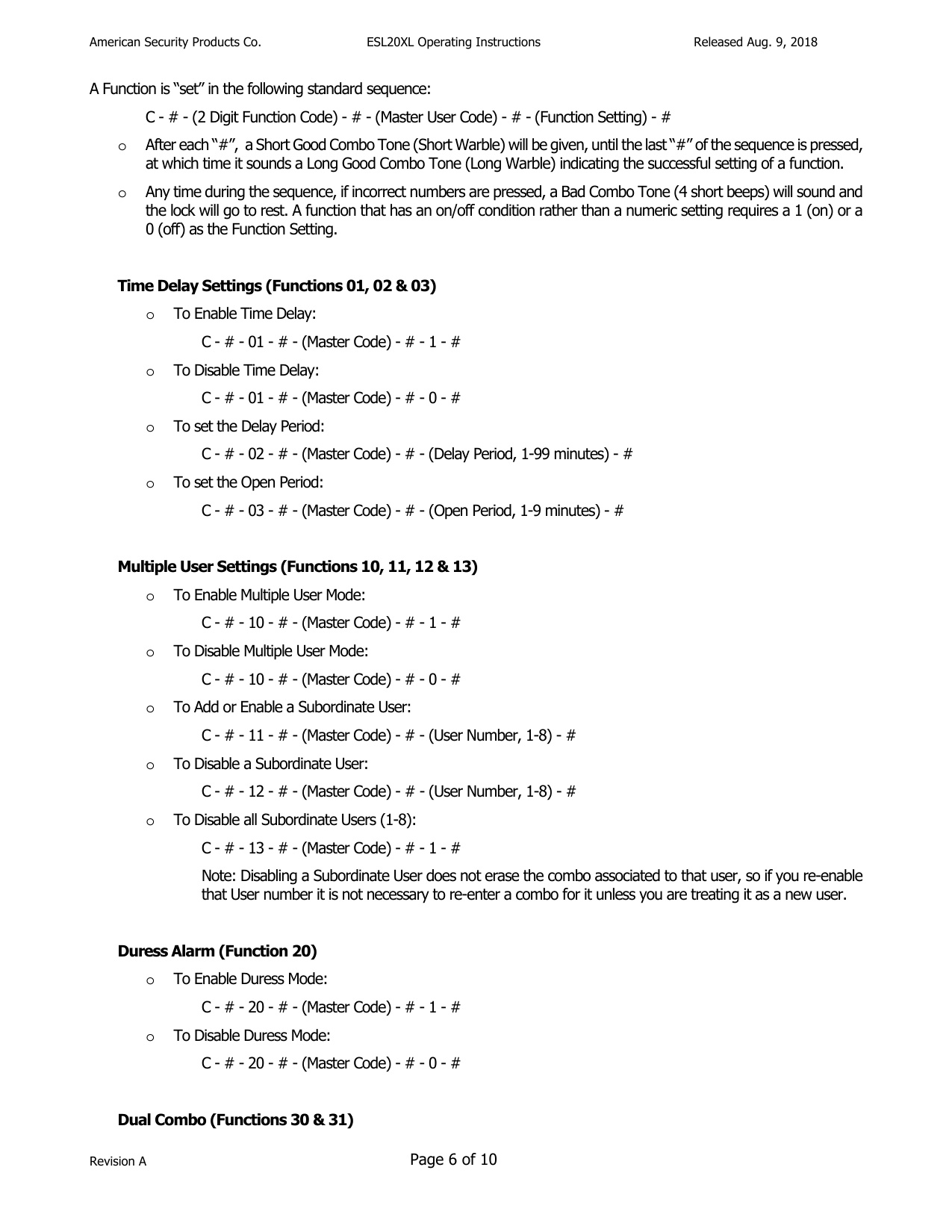 Operating Instructions – ESL20XL Electronic Lock diagram on page 6