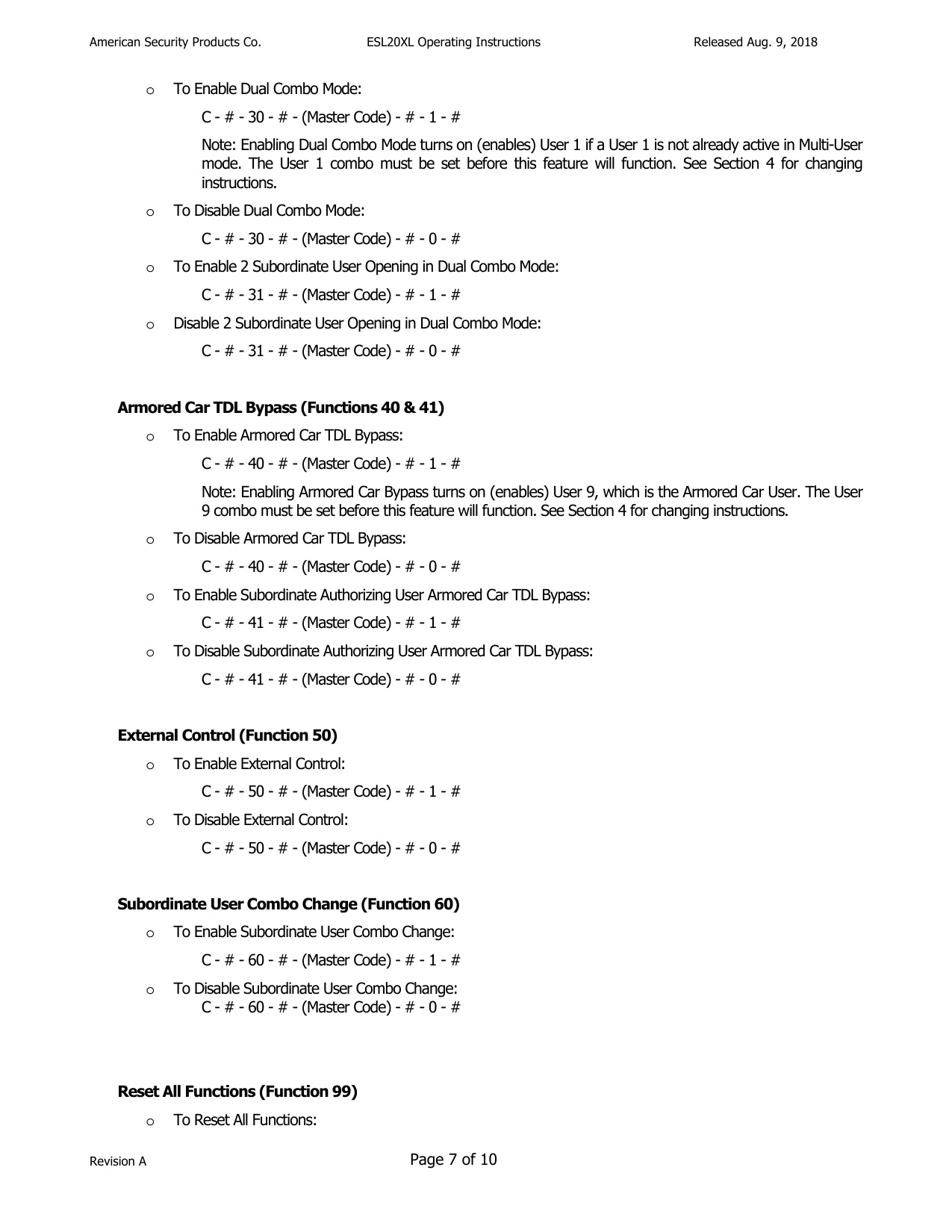 Operating Instructions – ESL20XL Electronic Lock diagram on page 7