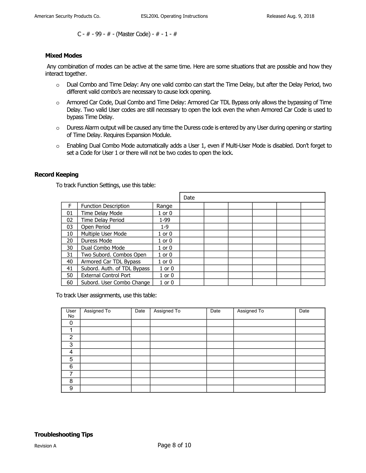 Operating Instructions – ESL20XL Electronic Lock diagram on page 8