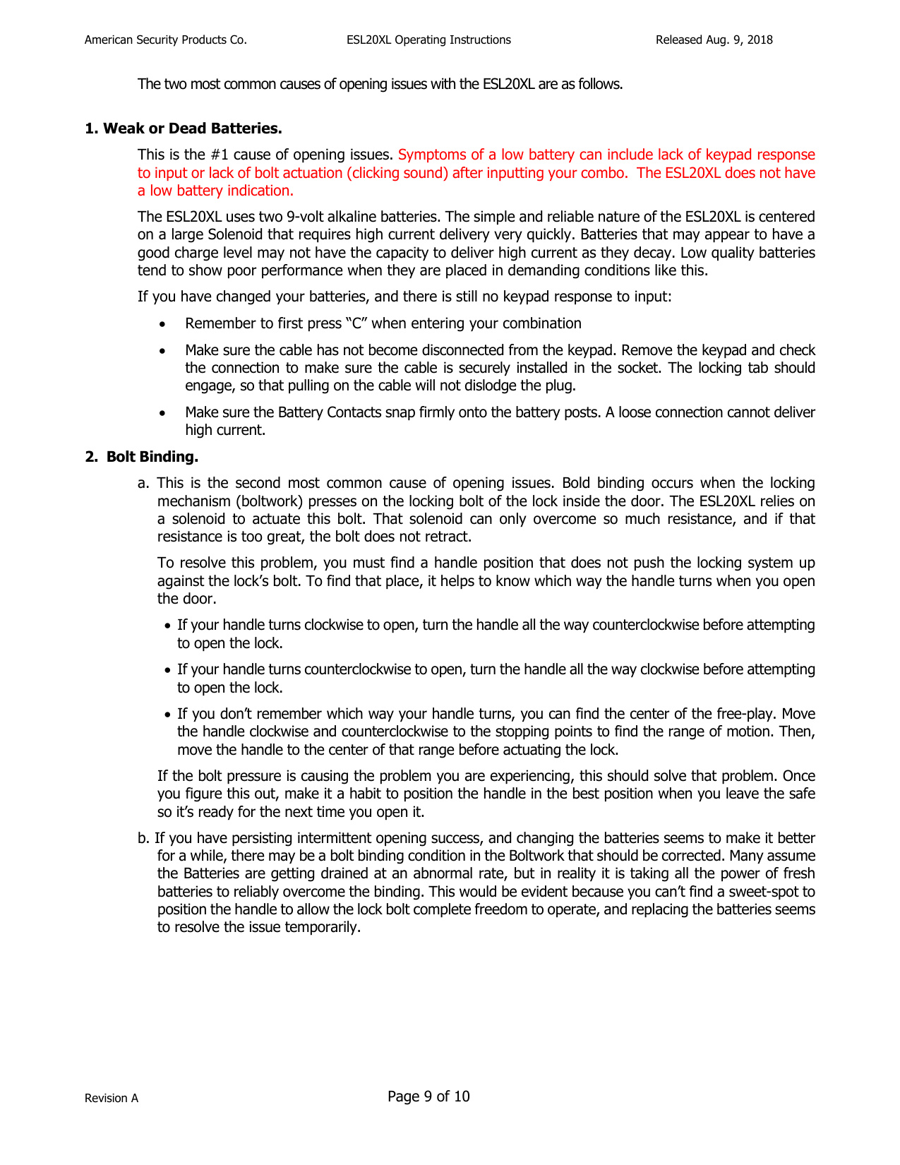 Operating Instructions – ESL20XL Electronic Lock diagram on page 9