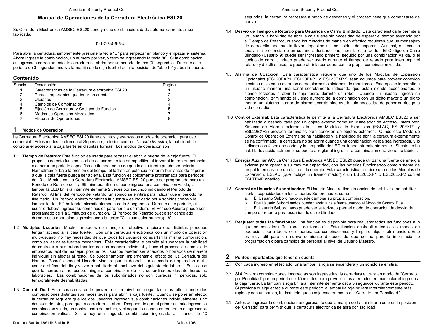 Operating Instructions – ESL20XL Electronic Lock (Spanish) diagram on page 1