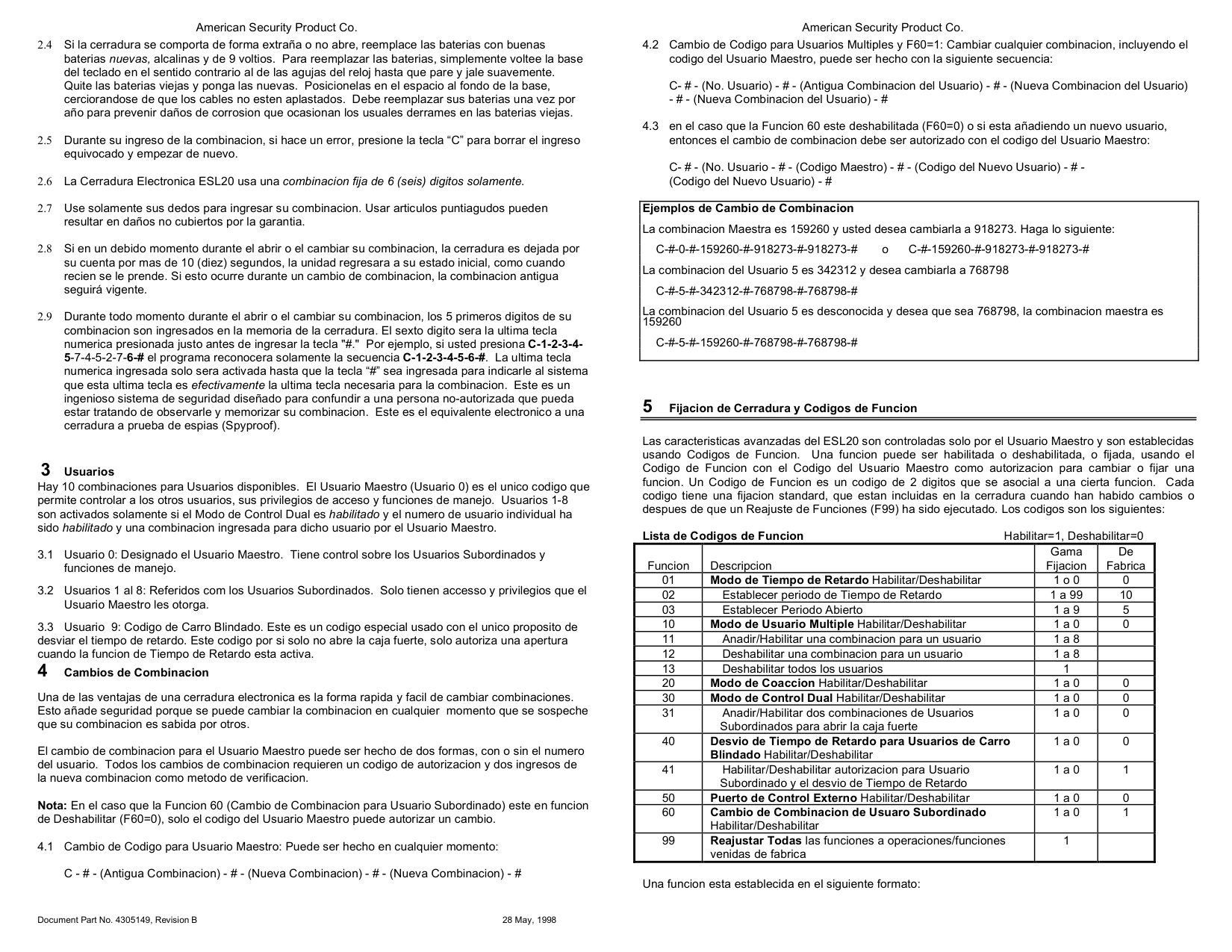 Operating Instructions – ESL20XL Electronic Lock (Spanish) diagram on page 2