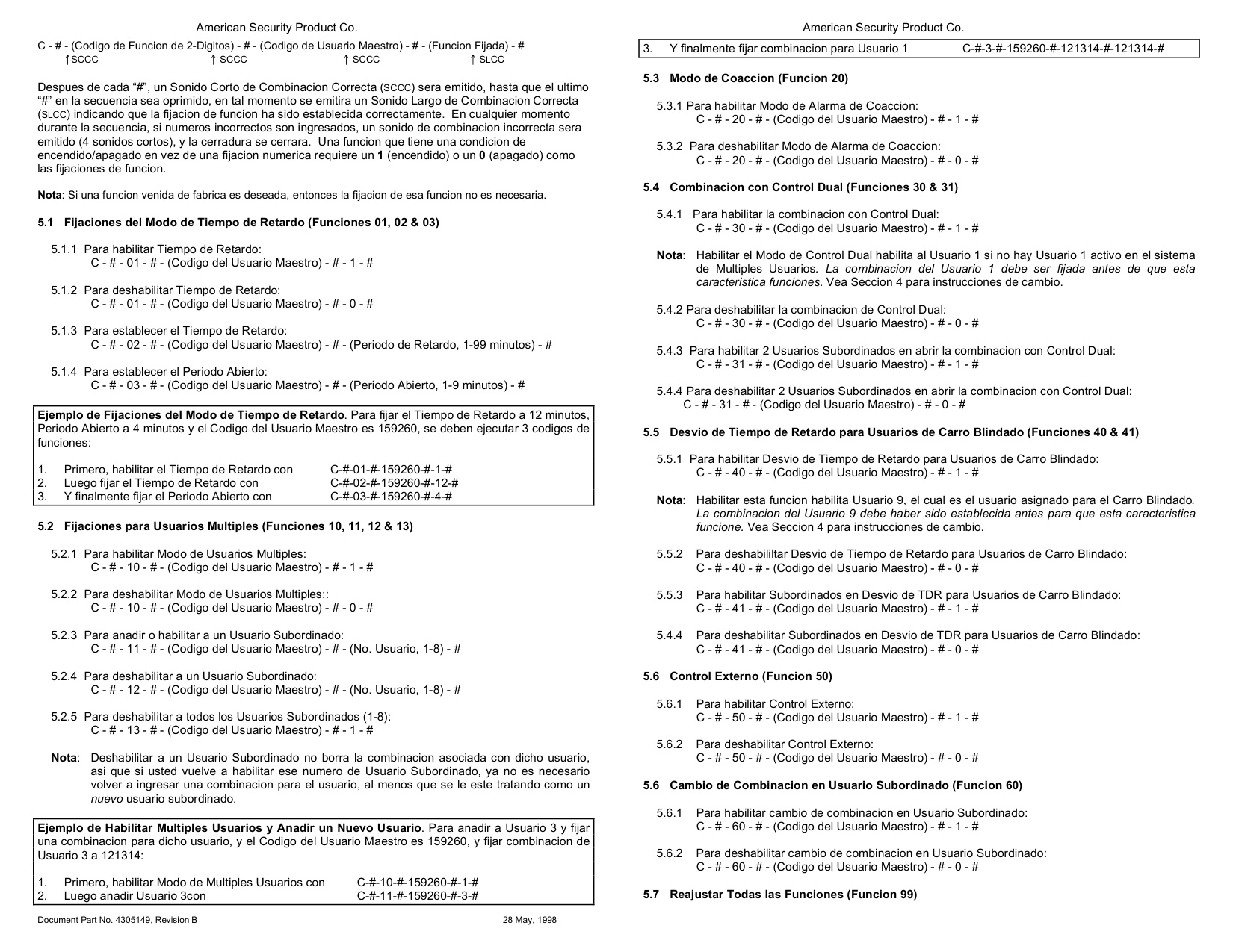 Operating Instructions – ESL20XL Electronic Lock (Spanish) diagram on page 3