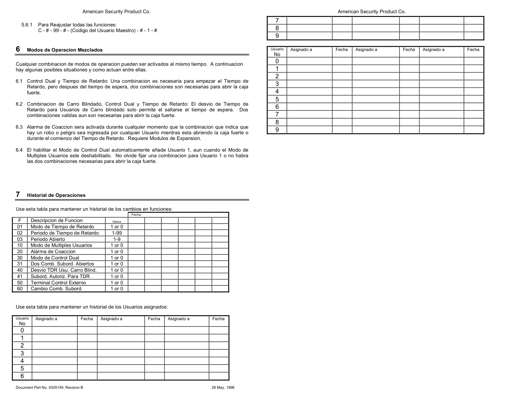 Operating Instructions – ESL20XL Electronic Lock (Spanish) diagram on page 4