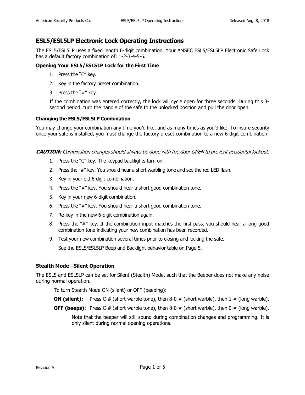 Operating Instructions – ESL5-ESL5LP Electronic Lock diagram on page 1