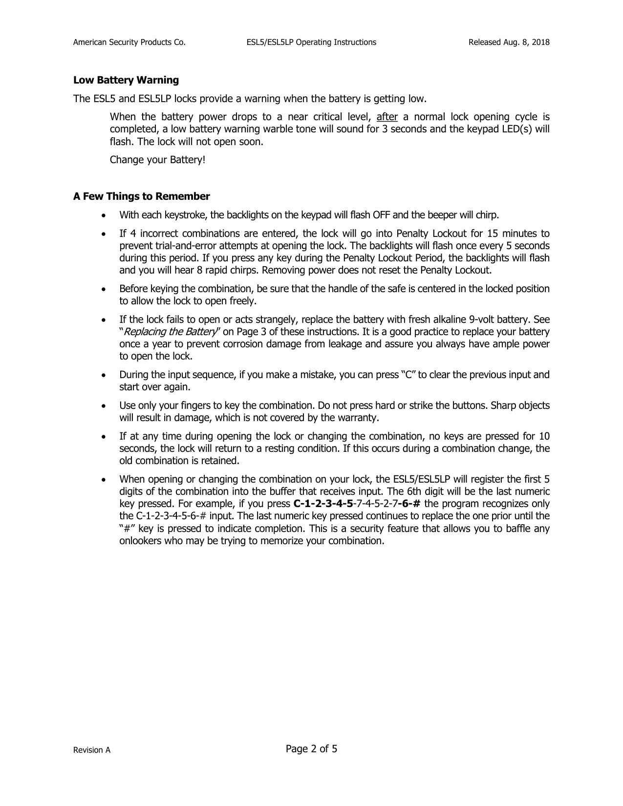 Operating Instructions – ESL5-ESL5LP Electronic Lock diagram on page 2