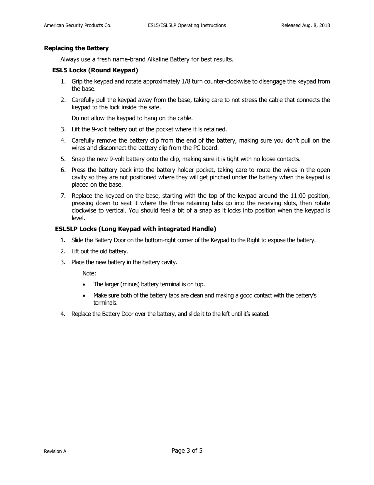 Operating Instructions – ESL5-ESL5LP Electronic Lock diagram on page 3