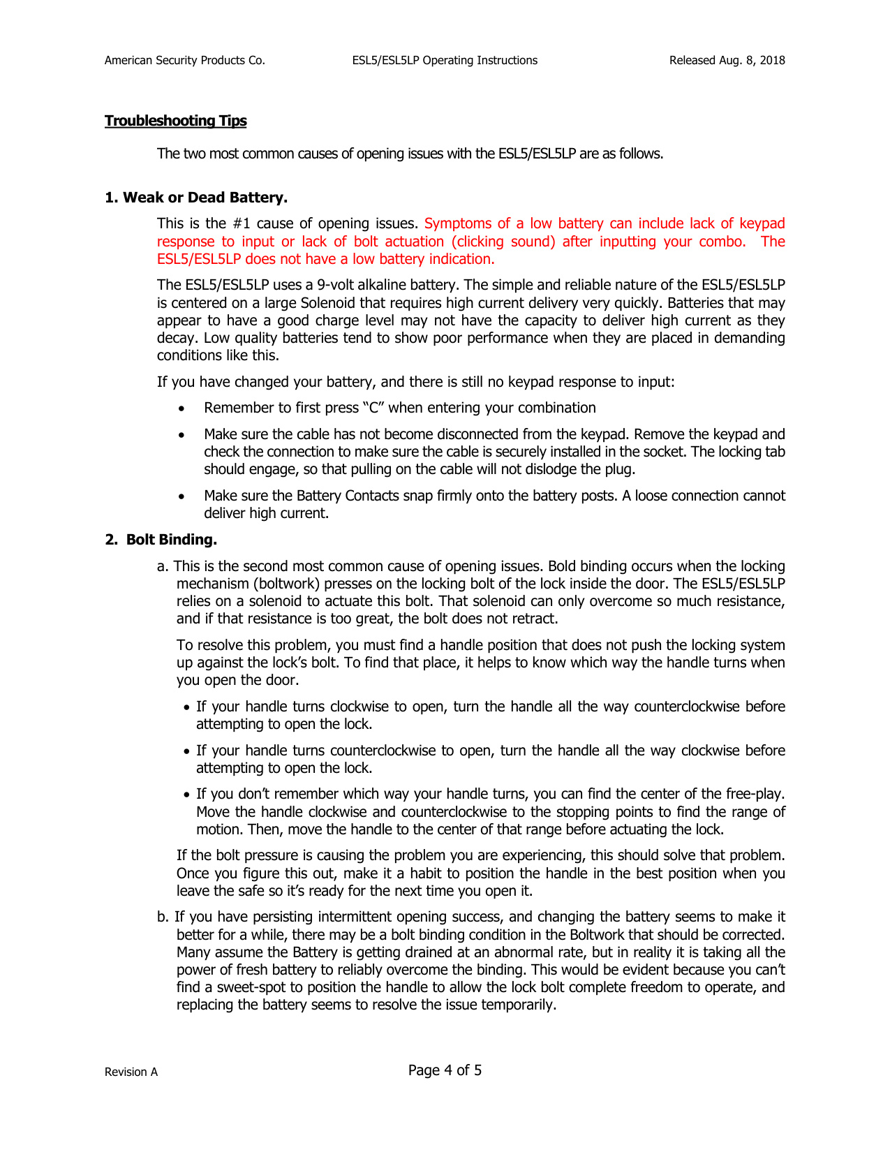 Operating Instructions – ESL5-ESL5LP Electronic Lock diagram on page 4