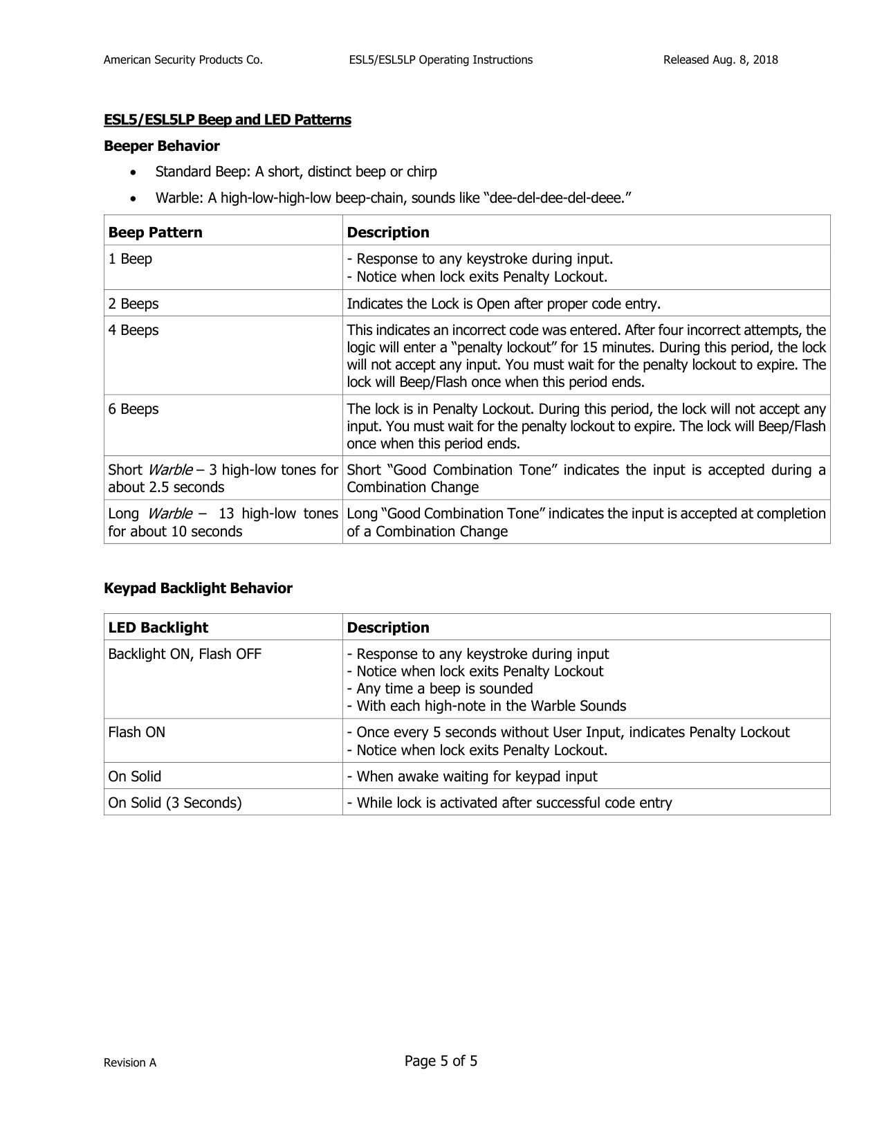 Operating Instructions – ESL5-ESL5LP Electronic Lock diagram on page 5