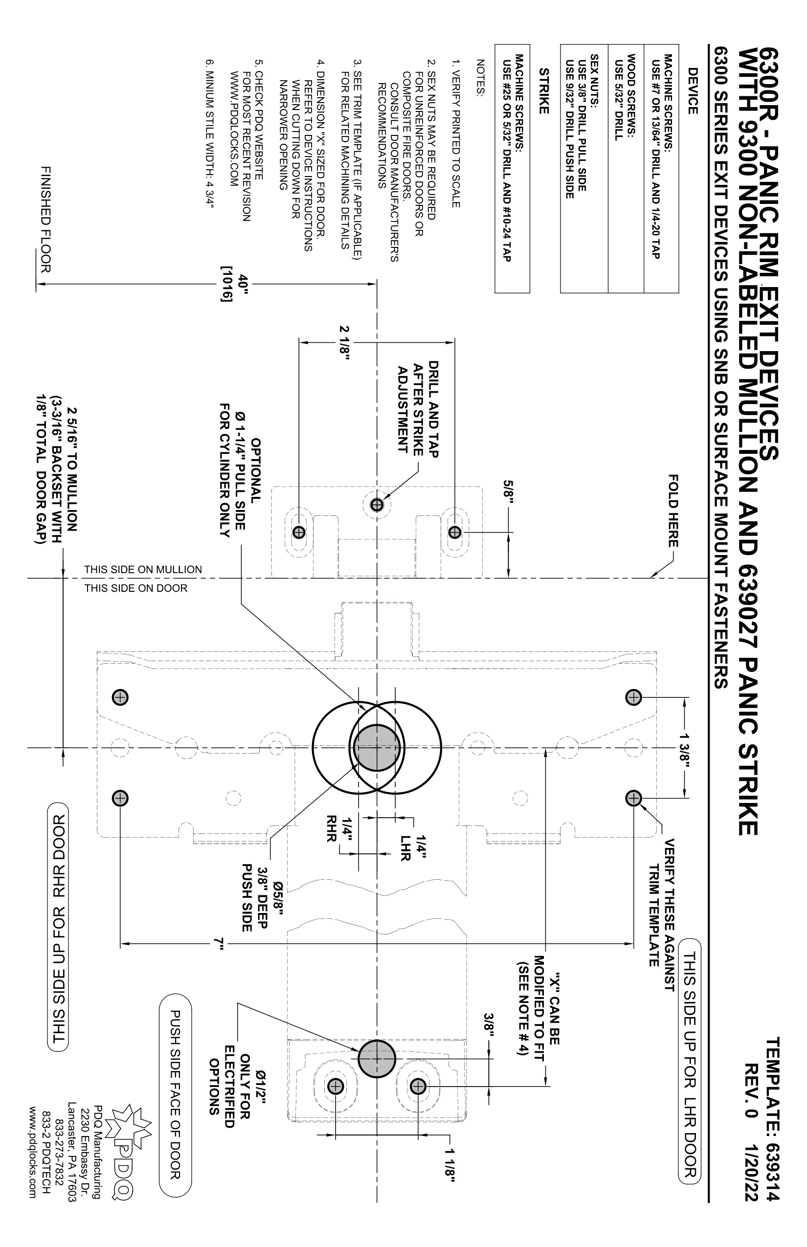 PDQ 6300R Device w-9300 Mullion Template – 639314 Rev0 diagram on page 1