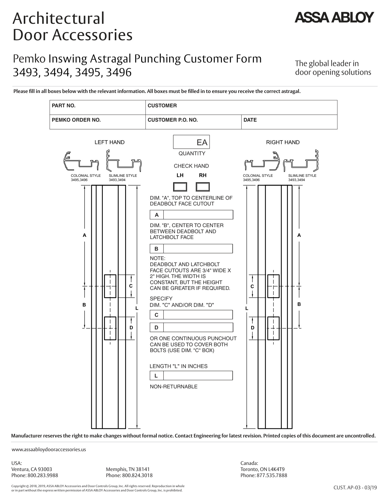 Pemko Inswing Astragal Punch Order Form diagram on page 1