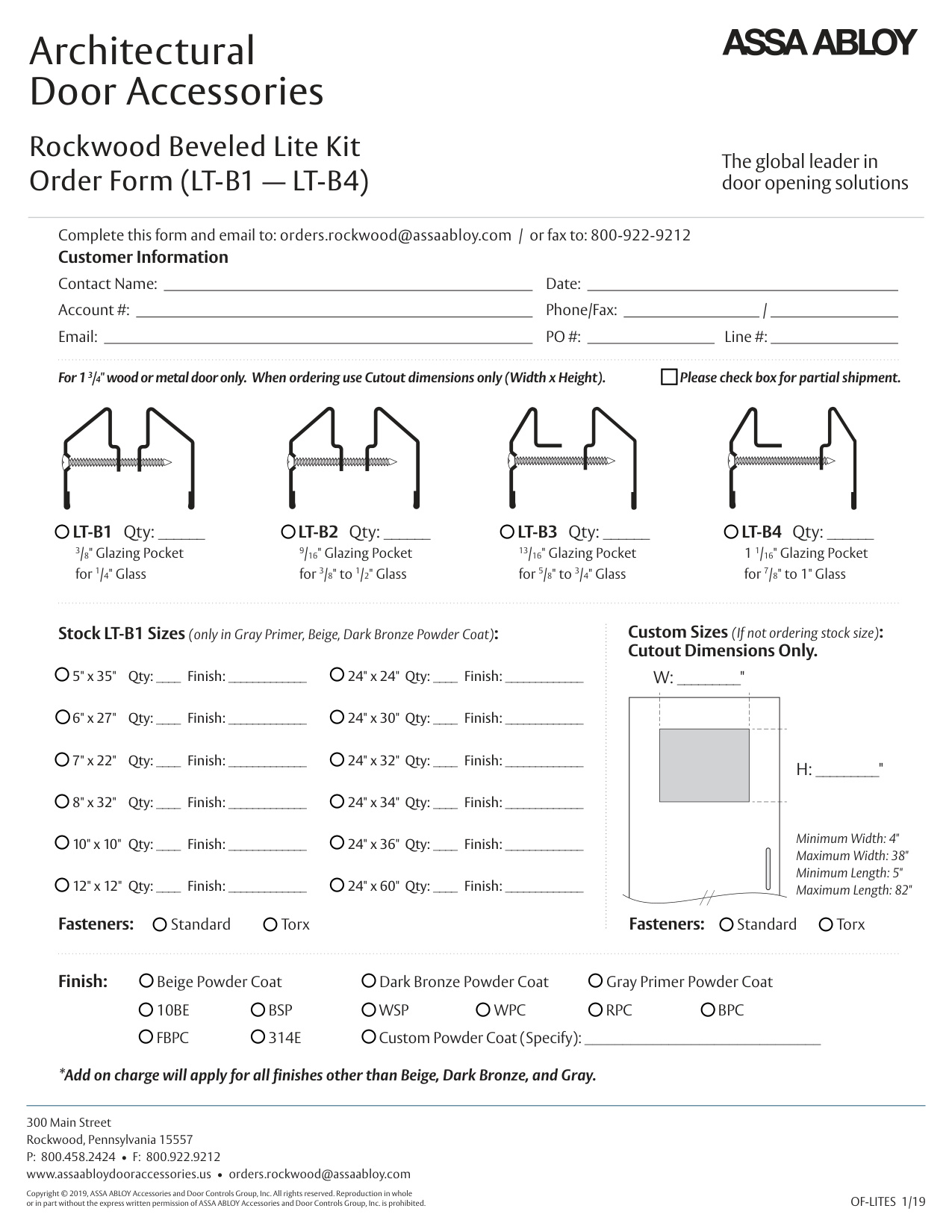 Rockwood Beveled Lite Kit Order Form diagram on page 1