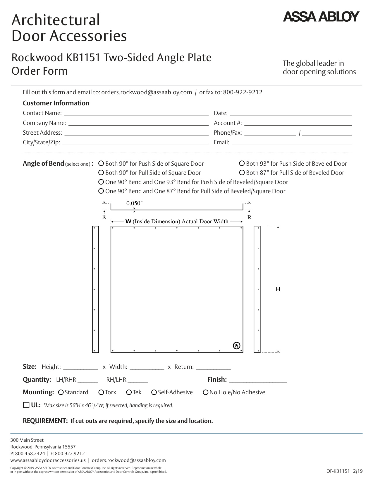 Rockwood KB1151 Angle Plate Order Form diagram on page 1