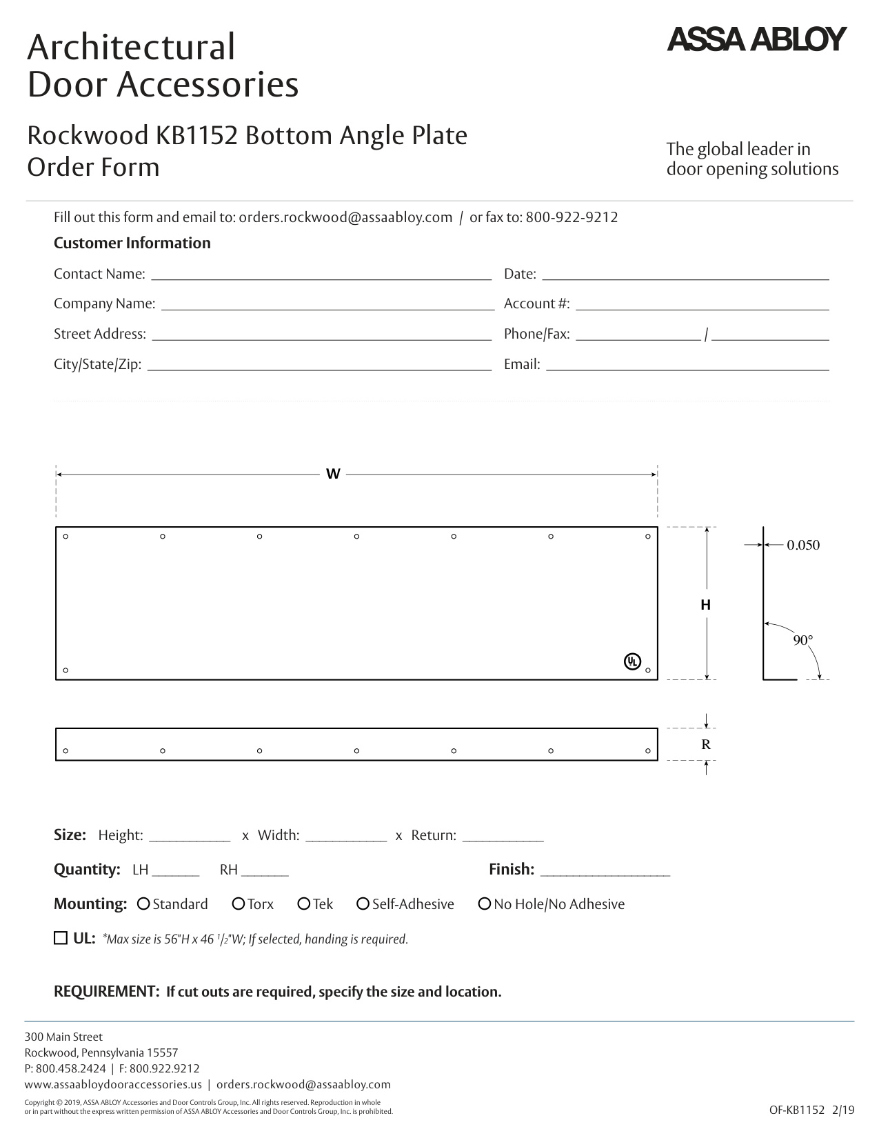 Rockwood KB1152 Bottom Angle Plate Order Form diagram on page 1