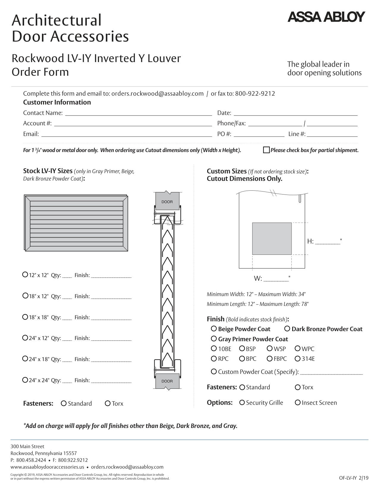Rockwood LV-IY Inverted Y Louver Order Form diagram on page 1