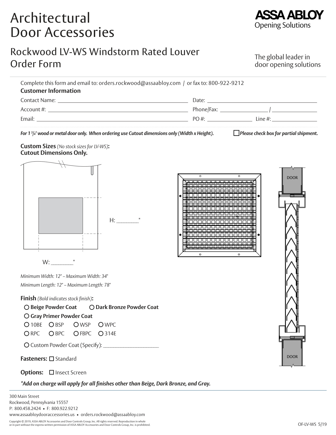 Rockwood LV-WS Windstorm Rated Louver Order Form diagram on page 1