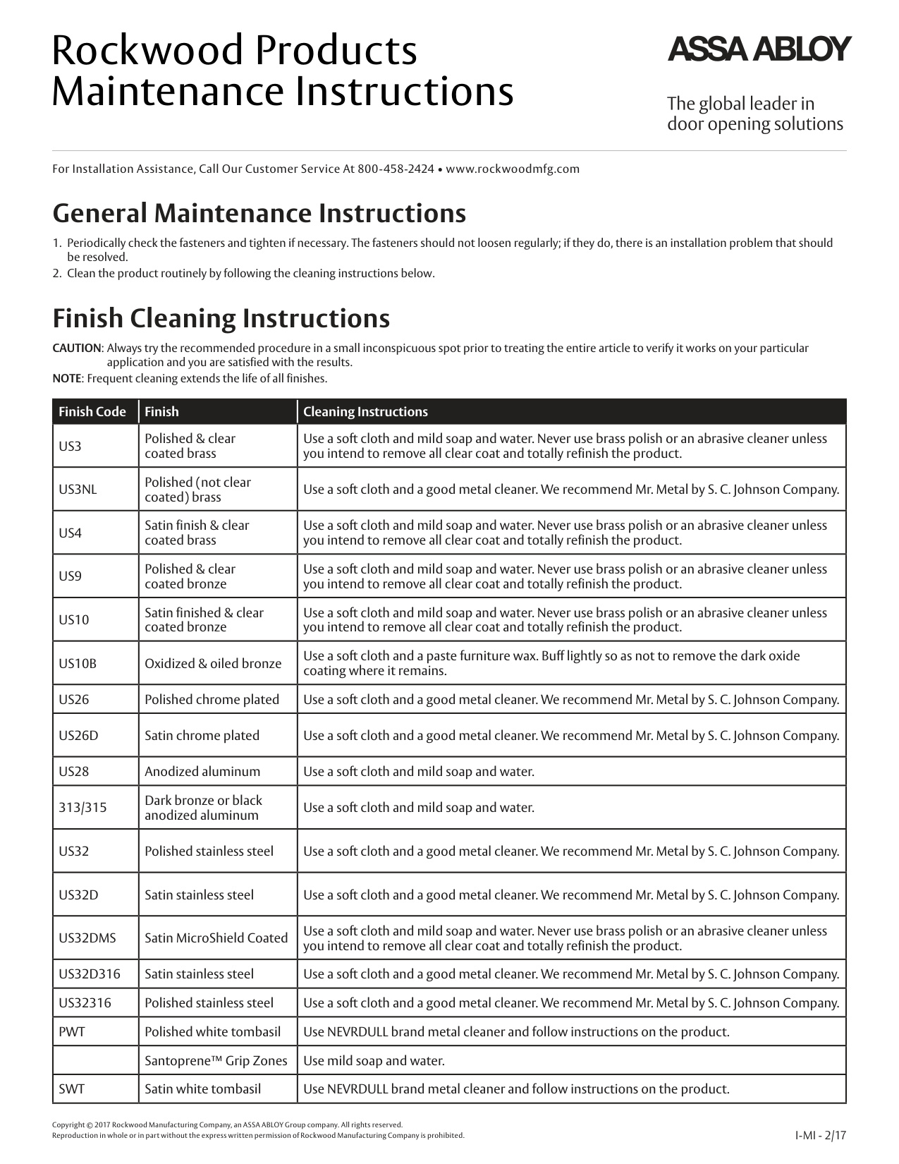 Rockwood Products Maintenance Instructions diagram on page 1