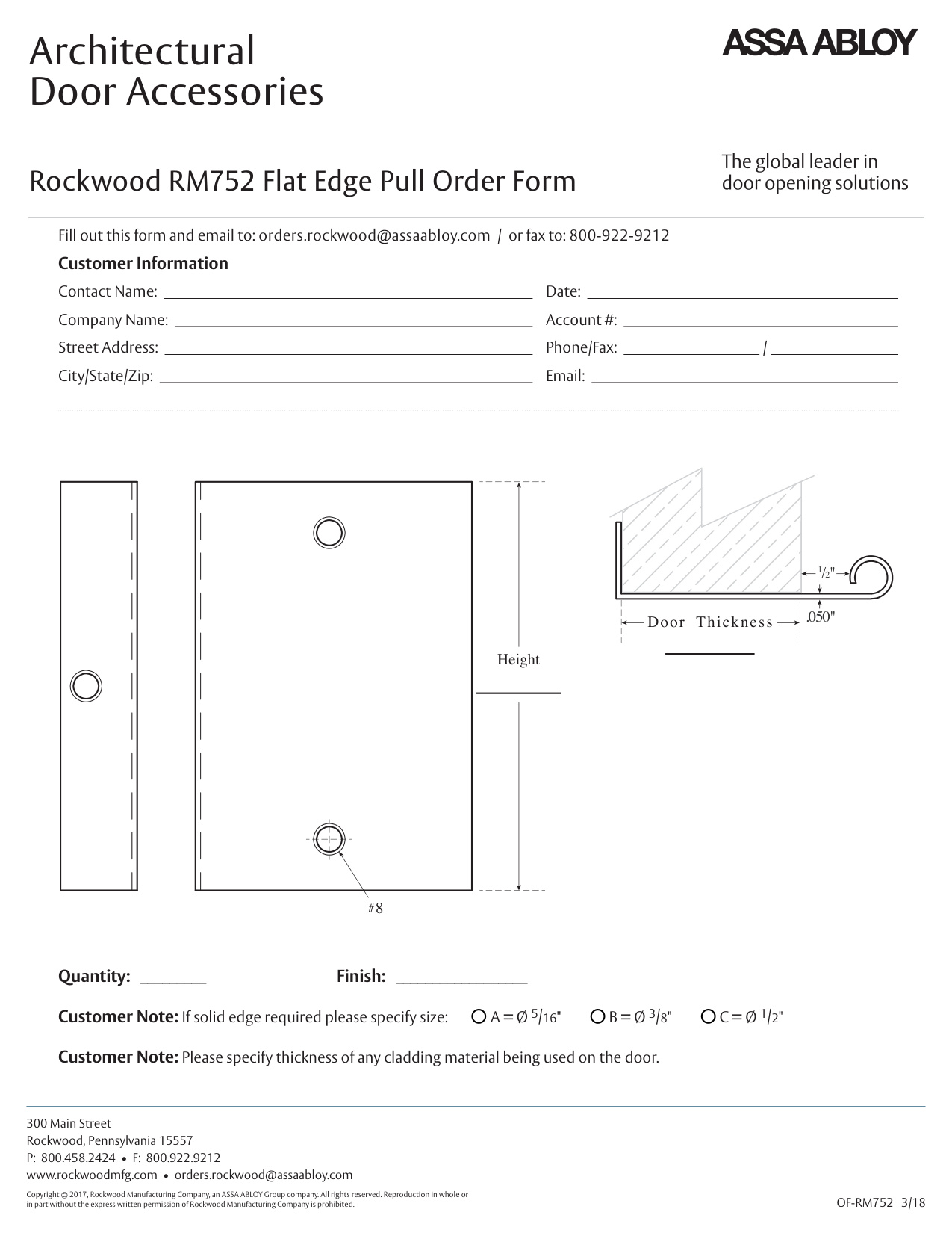 Rockwood RM752 Flat Edge Pull Order Form diagram on page 1