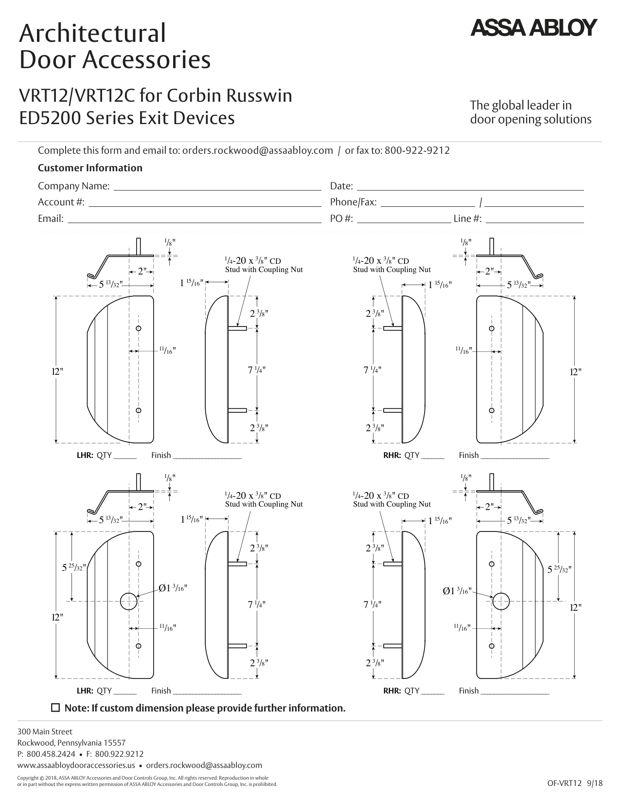 Rockwood VRT12 VRT12C for Corbin Russwin ED5200 Series Exit Devices Order Form diagram on page 1