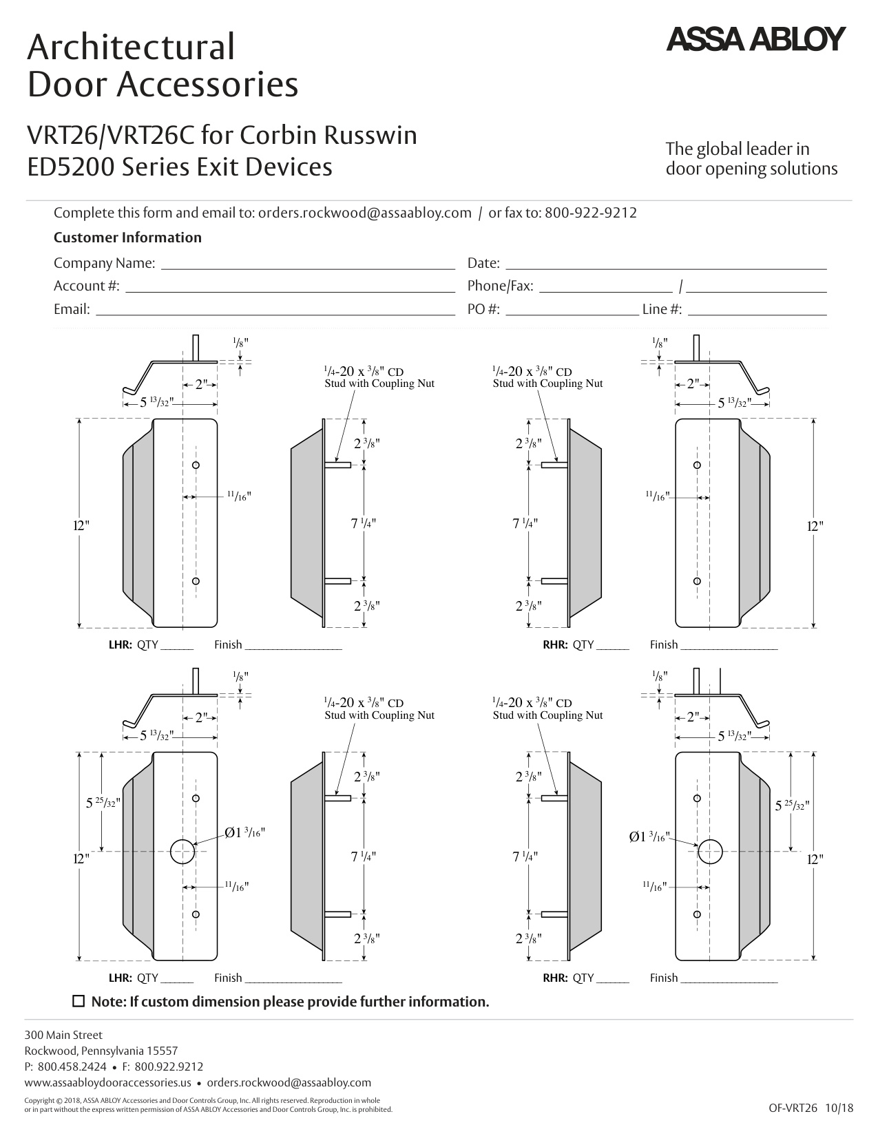 Rockwood VRT26 VRT26C for Corbin Russwin ED5200 Series Exit Devices Order Form diagram on page 1