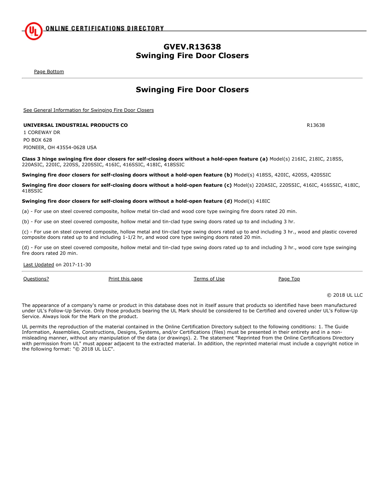 SOSS Door Hardware Ul Certification GVEV.R13638 – Swinging Fire Door Closer Data Sheet diagram on page 1