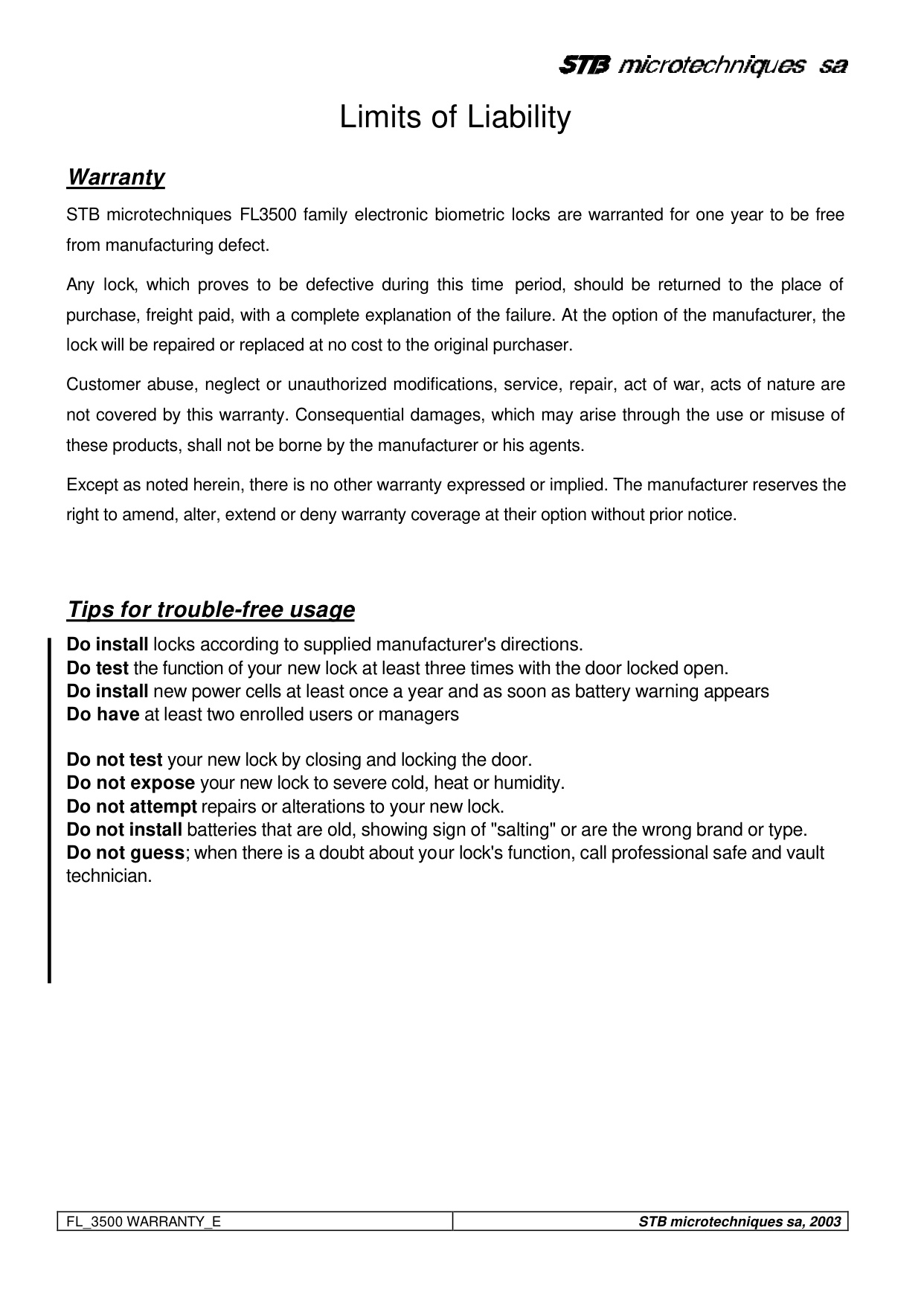 STB Microtechniques Finger Lock FL 3500 Warranty diagram on page 1
