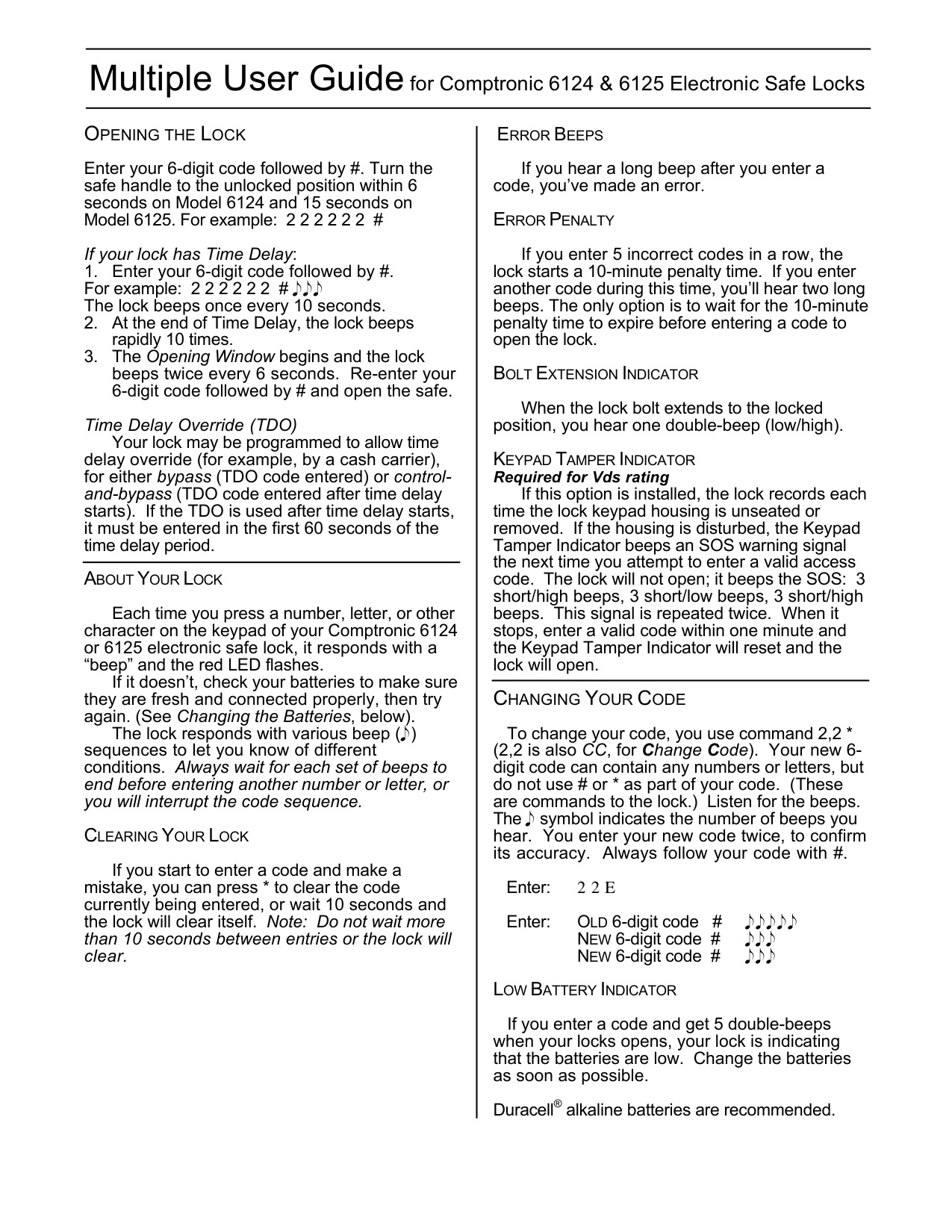 Sargent & Greenleaf Electronic Safe Lock Series S&G 6124 25 Multiple User Guide diagram on page 1
