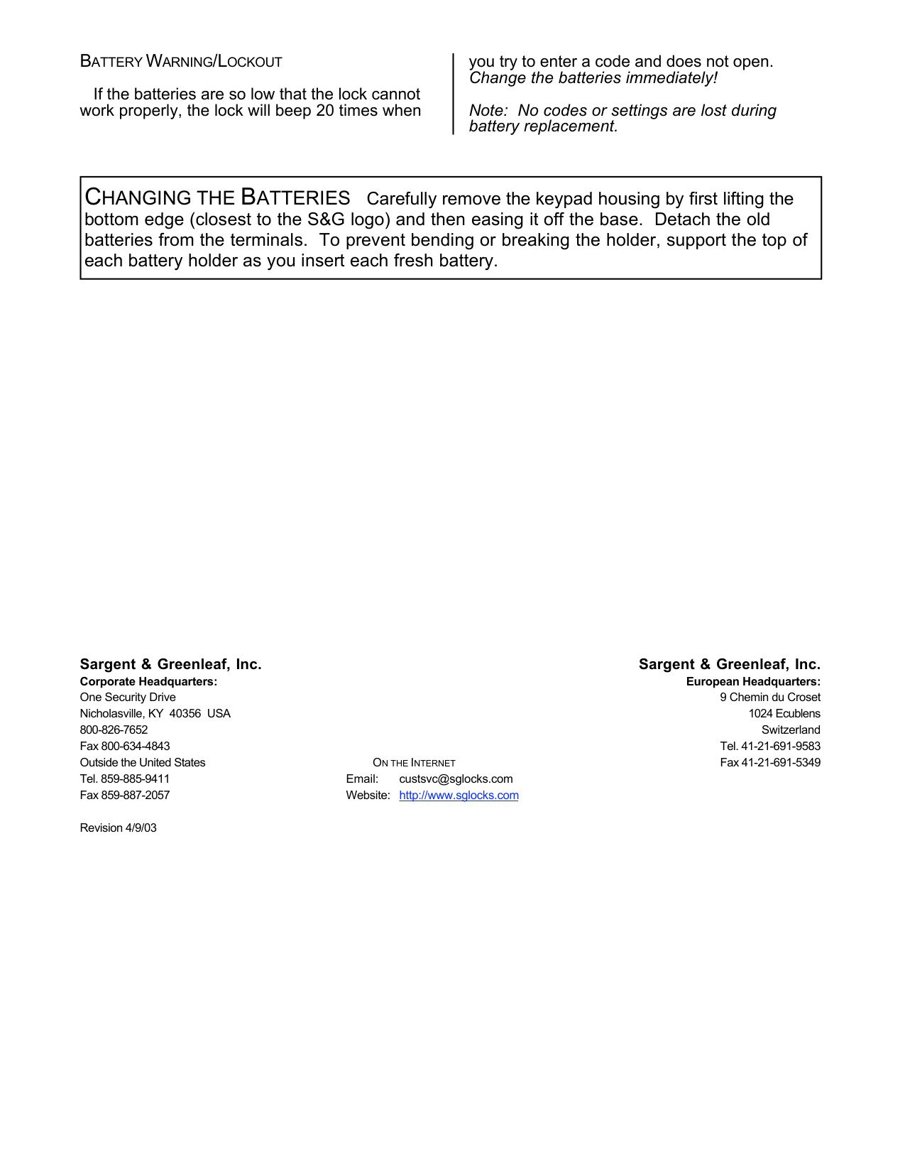 Sargent & Greenleaf Electronic Safe Lock Series S&G 6124 25 Multiple User Guide diagram on page 2
