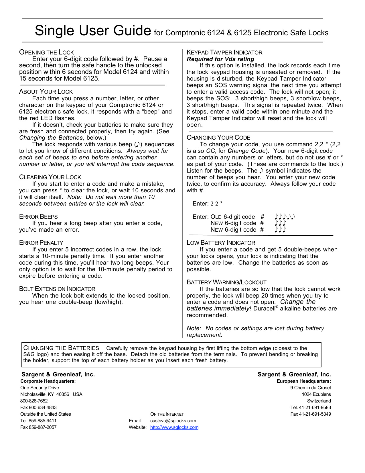 Sargent & Greenleaf Electronic Safe Lock Series S&G 6124 25 Single User Guide diagram on page 1